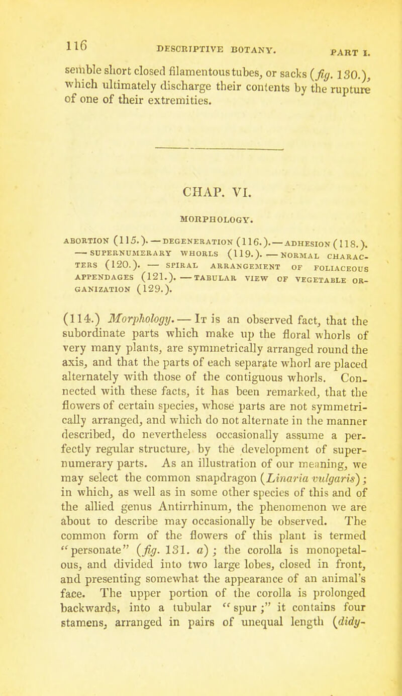 DESCRIPTIVE BOTANY. PART I. senible short closed filamentous tubes, or sacks {fig. ISO.), which ultimately discharge their contents by the rupture of one of their extremities. CHAP. VI. morphology. ABORTION (115.).— DEGENERATION (116.).— ADHESION (118.). — SDPERNUMERARY WHORLS (119.) NORMAL CHARAcl TERS (120.). SPIRAL ARRANGEAIENT OF FOLIACEOUS APPENDAGES (121.). TABULAR VIEW OF VEGETABLE OR- GANIZATION (129.). (114.) Morphology It is an observed fact, that the subordinate parts which make up the floral whorls of very many plants, are symmetrically arranged round the axis, and that the parts of each separate whorl are placed alternately with those of the contiguous whorls. Con- nected with these facts, it has been remarked, that the flowers of certain species, ivhose parts are not symmetri- cally arranged, and which do not alternate in the manner described, do nevertheless occasionally assume a per- fectly regular structure, by the development of super- numerary parts. As an illustration of our meaning, we may select the common snapdragon {Linaria vulgaris); in which, as well as in some other species of this and of the allied genus Antirrhinum, the phenomenon we are about 10 describe may occasionally be observed. The common form of the flowers of this plant is termed per.sonate” (Jig. 131. a); the corolla is monopetal- ous, and divided into two large lobes, closed in front, and presenting somewhat the appearance of an animal’s face. The upper portion of the corolla is prolonged backwards, into a tubular “ spurit contains four stamens, arranged in pairs of unequal length (didy-