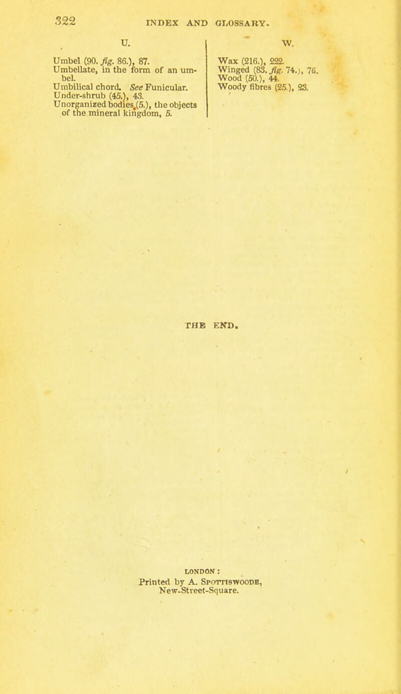 U. W. Umbel (90. fig. 86.), 87. Umbellate, in the form of an um- bel. Umbilical chord. See Funicular. Under-shrub (45.1, 43. Unorganized bodies,(5.), the objects of the mineral kingdom, 5. Wax (216.), 222. Winged (83. Jig. 74.J, 76. Wood (so.), 44. Woody fibres (25.), 28. THE END. LONDON : Printed by A. Spottiswoode, New-Street-Square.
