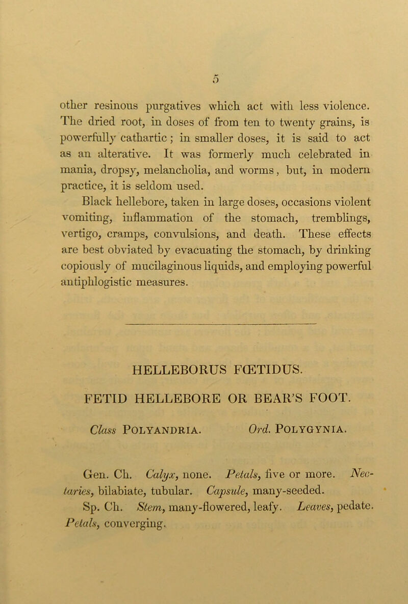other resinous purgatives which act with less violence. The dried root, in doses of from ten to twenty grains, is powerfully cathartic; in smaller doses, it is said to act as an alterative. It was formerly much celebrated in mania, dropsy, melancholia, and worms, but, in modern practice, it is seldom used. Black hellebore, taken in large doses, occasions violent vomiting, inflammation of the stomach, trembhngs, vertigo, cramps, convulsions, and death. These effects are best obviated by evacuating the stomach, by drinking copiously of mucilaginous liquids, and employing powerful antiphlogistic measures. HELLEBORUS FCETIDUS. FETID HELLEBORE OR BEAR’S FOOT. Class POLYANDRIA. Ord. POLYGYNIA. Gen. Ch. Calyx, none. Petals, flve or more. Nec- taries, bilabiate, tubular. Capsule, many-seeded. Sp. Ch. ^tem, many-flowered, leafy. Leaves, pedate. Petals, converging.