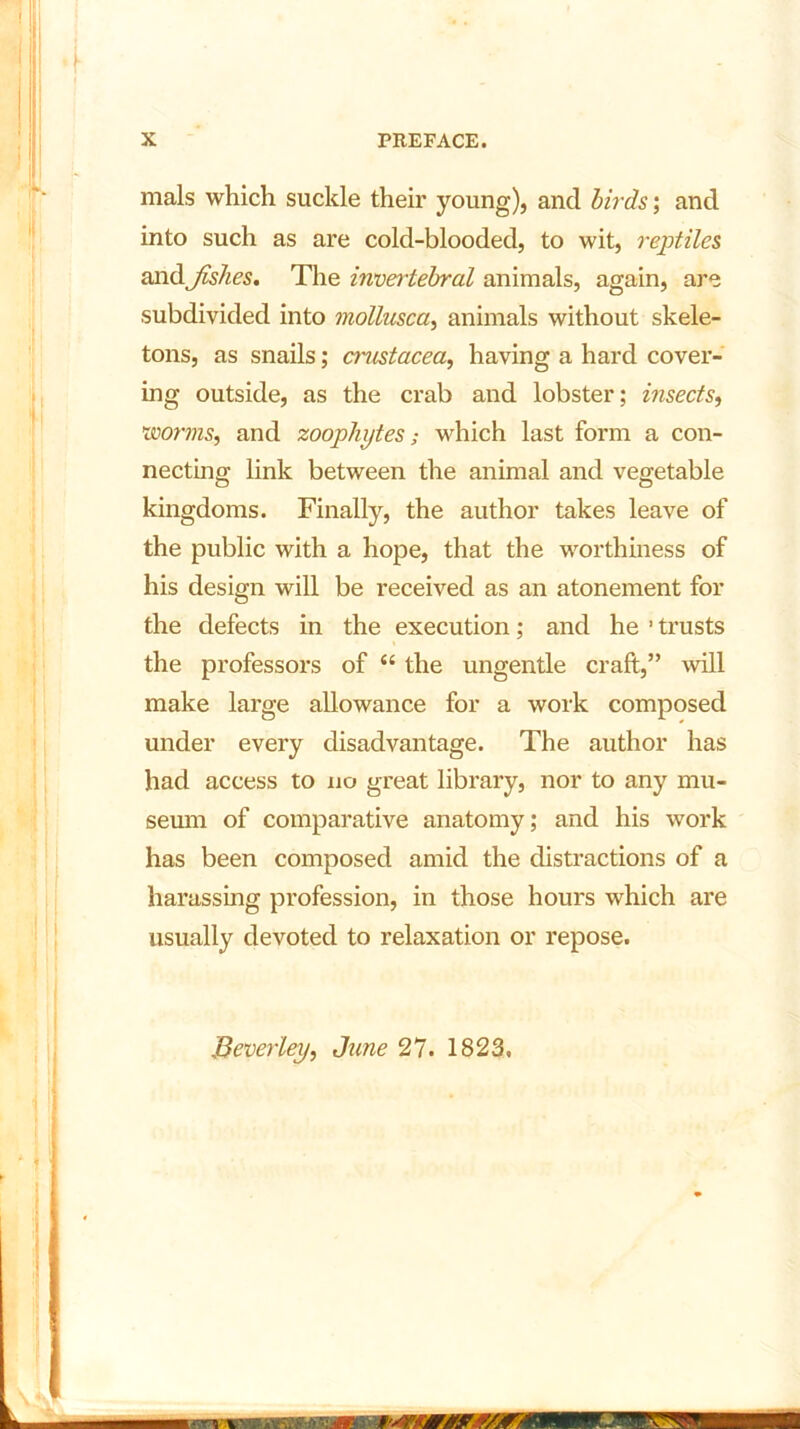 mals which suckle their young), and birds; and into such as are cold-blooded, to wit, reptiles and Jishes. The invertebral animals, again, are subdivided into mollusca, animals without skele- tons, as snails; cnistacea, having a hard cover- ing outside, as the crab and lobster; insects, worms, and zoophytes; which last form a con- necting link between the animal and vegetable kingdoms. Finally, the author takes leave of the public with a hope, that the worthiness of his design will be received as an atonement for the defects in the execution; and he 1 trusts the professors of “ the ungentle craft,” will make large allowance for a work composed under every disadvantage. The author has had access to no great library, nor to any mu- seum of comparative anatomy; and his work has been composed amid the distractions of a harassing profession, in those hours which are usually devoted to relaxation or repose. Beverley, June 27. 1823.