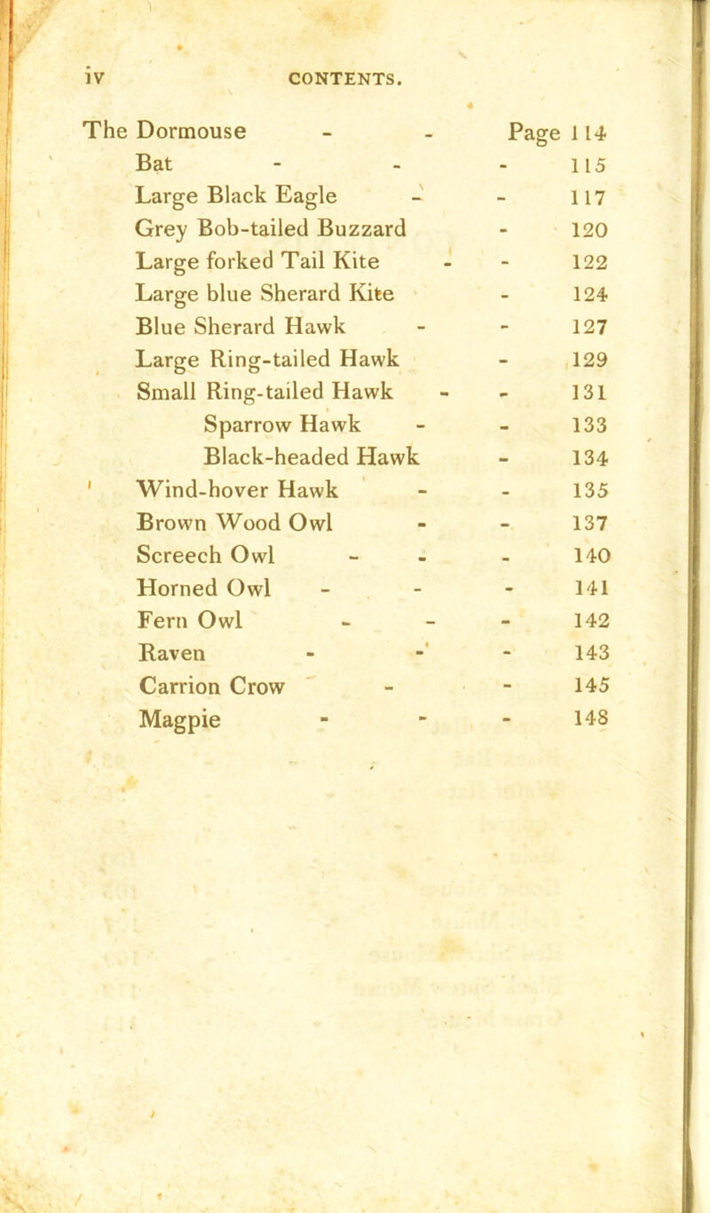 Dormouse Page 114 Bat - 115 Large Black Eagle - 117 Grey Bob-tailed Buzzard - 120 Large forked Tail Kite - 122 Large blue Sherard Kite - 124 Blue Sherard Hawk - 127 Large Ring-tailed Hawk - 129 Small Ring-tailed Hawk - 131 • Sparrow Hawk - 133 Black-headed Hawk - 134 Wind-hover Hawk - 135 Brown Wood Owl - 137 Screech Owl - 140 Horned Owl - 141 Fern Owl - 142 Raven - 143 Carrion Crow - 145 Magpie - 148