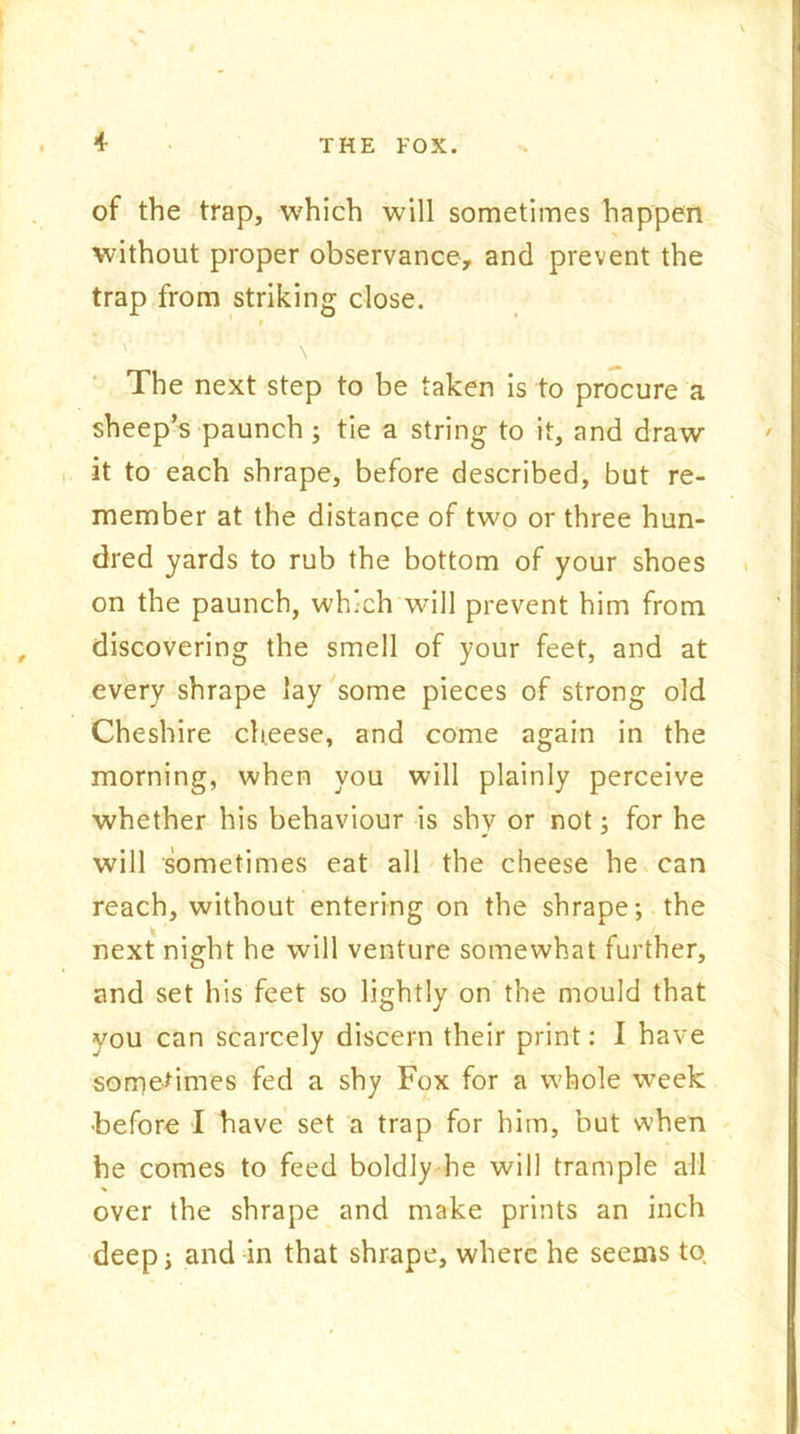 of the trap, which will sometimes happen without proper observance, and prevent the trap from striking close. f \ The next step to be taken is to procure a sheep’s paunch ; tie a string to it, and draw it to each shrape, before described, but re- member at the distance of two or three hun- dred yards to rub the bottom of your shoes on the paunch, which will prevent him from discovering the smell of your feet, and at every shrape lay some pieces of strong old Cheshire cheese, and come again in the morning, when you will plainly perceive whether his behaviour is shv or not; for he will sometimes eat all the cheese he can reach, without entering on the shrape; the next night he will venture somewhat further, and set his feet so lightly on the mould that you can scarcely discern their print: I have sonrjedmes fed a shy Fox for a whole week before I have set a trap for him, but when he comes to feed boldly he will trample all over the shrape and make prints an inch deep; and in that shrape, where he seems to