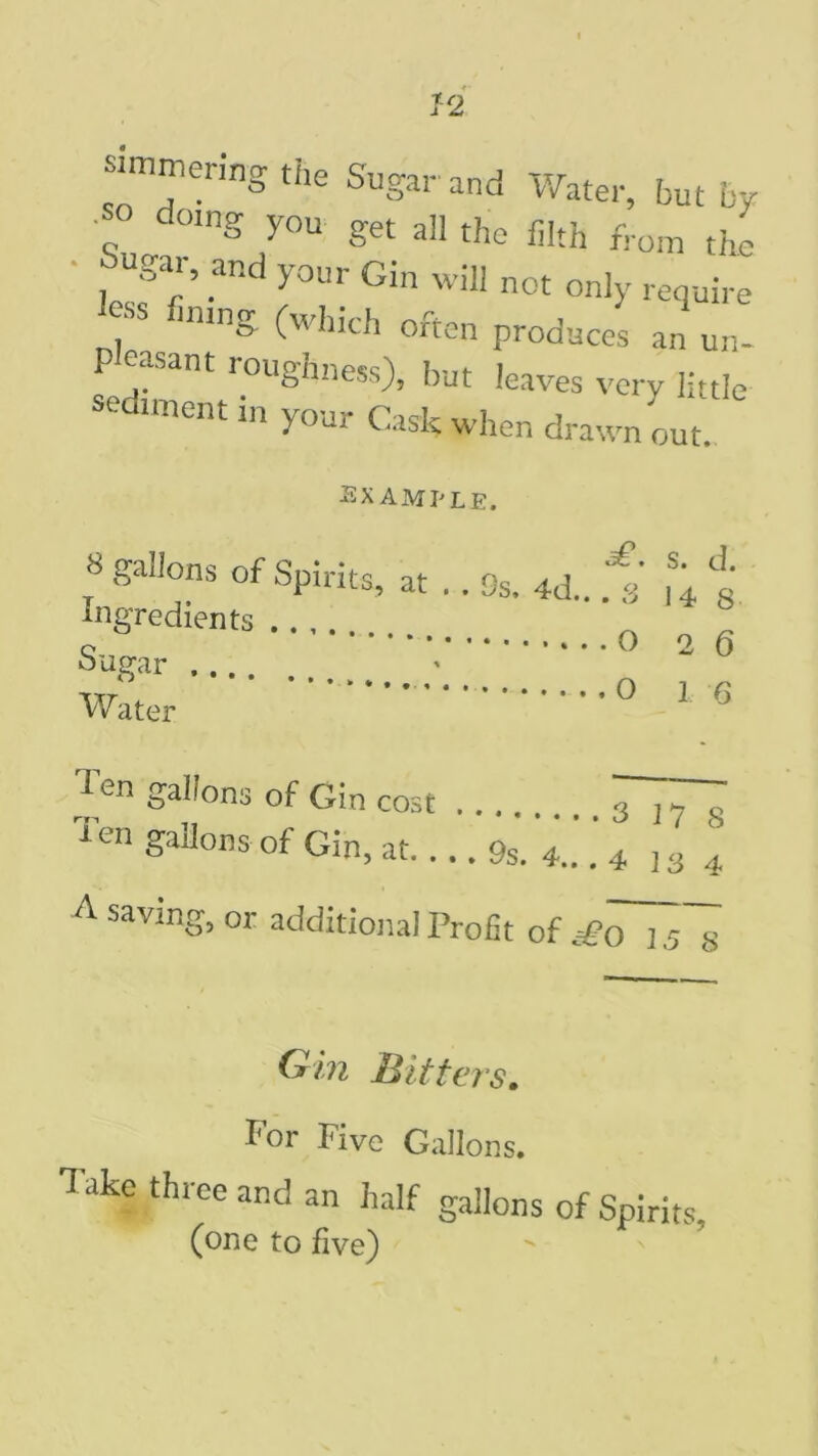 simmering the Sugar and Water, but by so doing you get all the filth from the Sugar, and your Gin will not only require 7 fimnS (wil!ch often produces an un- P easant roughness), but leaves very little sediment in your Cask when drawn out. Example. * gallons of Spirits, at . Ingredients Sugar Water s. d. • Os, 4d.. .3 14 g, 2 0 16 len gallons of Gin cost ien SalI°ns of Gin, at 9s. 4... 3 17 8 4 13 4 A savin sr, O' or additional Profit of =£o 15 s Gin Bitters. For Five Gallons. Take three and an half gallons of Spirits (one to five)