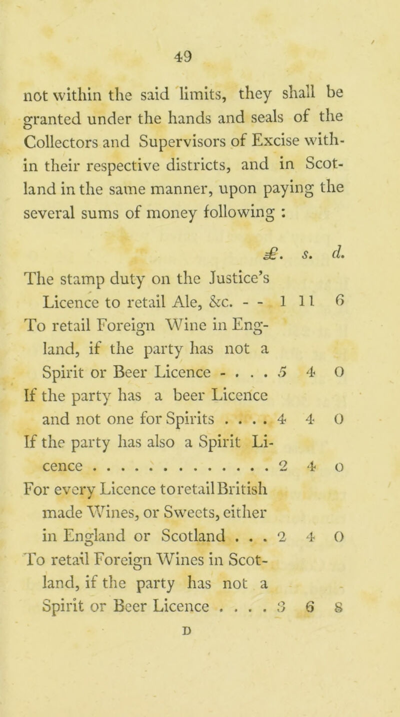 not within the said limits, they shall be granted under the hands and seals of the Collectors and Supervisors of Excise with- in their respective districts, and in Scot- land in the same manner, upon paying the several sums of money following : s. cl. The stamp duty on the Justice’s Licence to retail Ale, &c. - - 111 6 To retail Foreign Wine in Eng- land, if the party has not a Spirit or Beer Licence - ... 5 4 O If the party has a beer Licence and not one for Spirits .... 4 4 0 If the party has also a Spirit Li- cence 2 4 o For every Licence to retail British made Wines, or Swrects, either in England or Scotland ... 2 4 0 To retail Foreign Wines in Scot- land, if the party has not a Spirit or Beer Licence .... 3 6 8 D