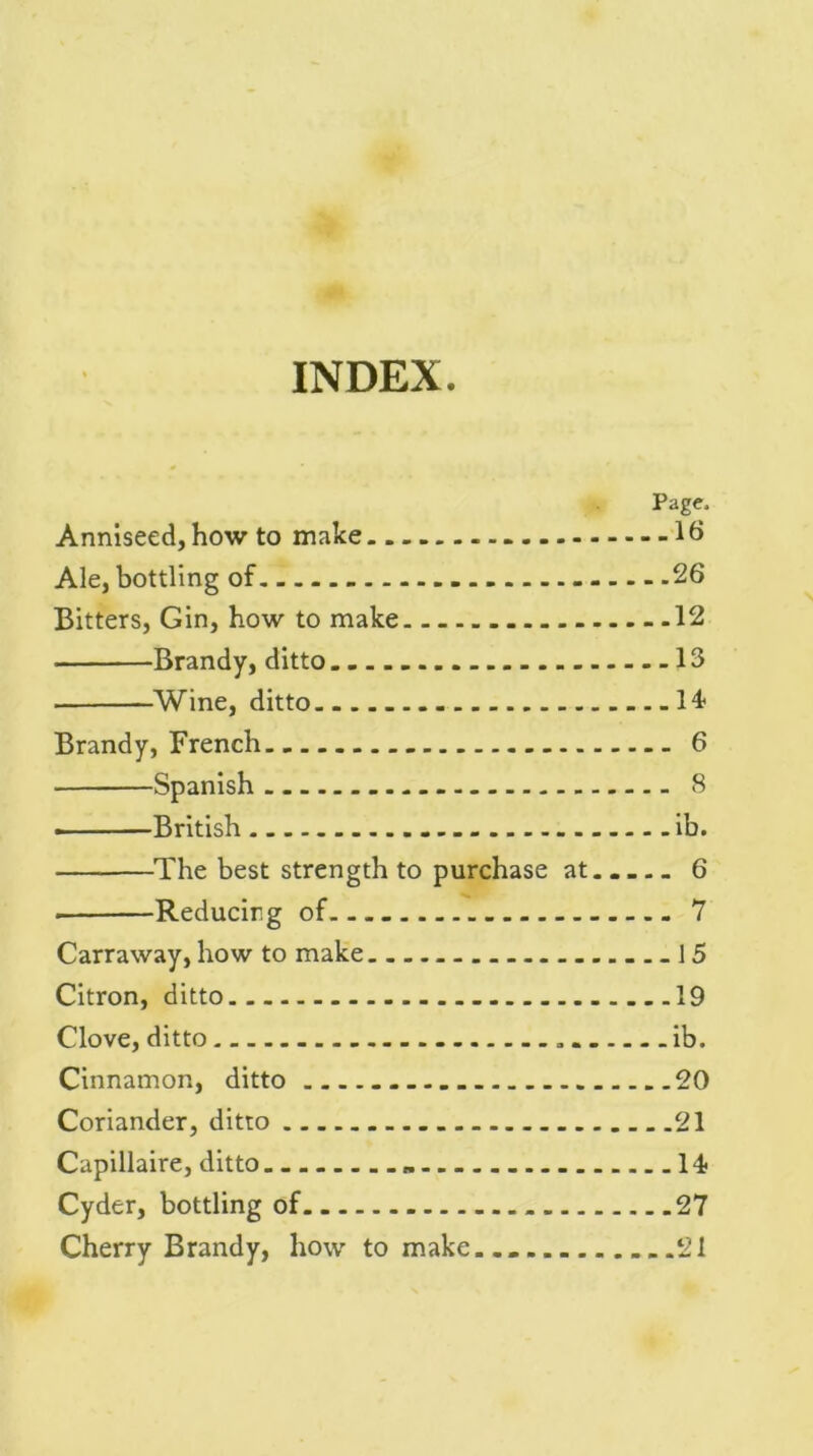 INDEX. Page, Anniseed, how to make 16 Ale, bottling of 26 Bitters, Gin, how to make - -12 Brandy, ditto 13 • Wine, ditto 14 Brandy, French.. _ 6 Spanish 8 • —British ib. The best strength to purchase at.. 6 Reducing of 7 Carraway, how to make .15 Citron, ditto 19 Clove, ditto ib. Cinnamon, ditto 20 Coriander, ditto 21 Capillaire, ditto. 14 Cyder, bottling of 27 Cherry Brandy, how to make... 21