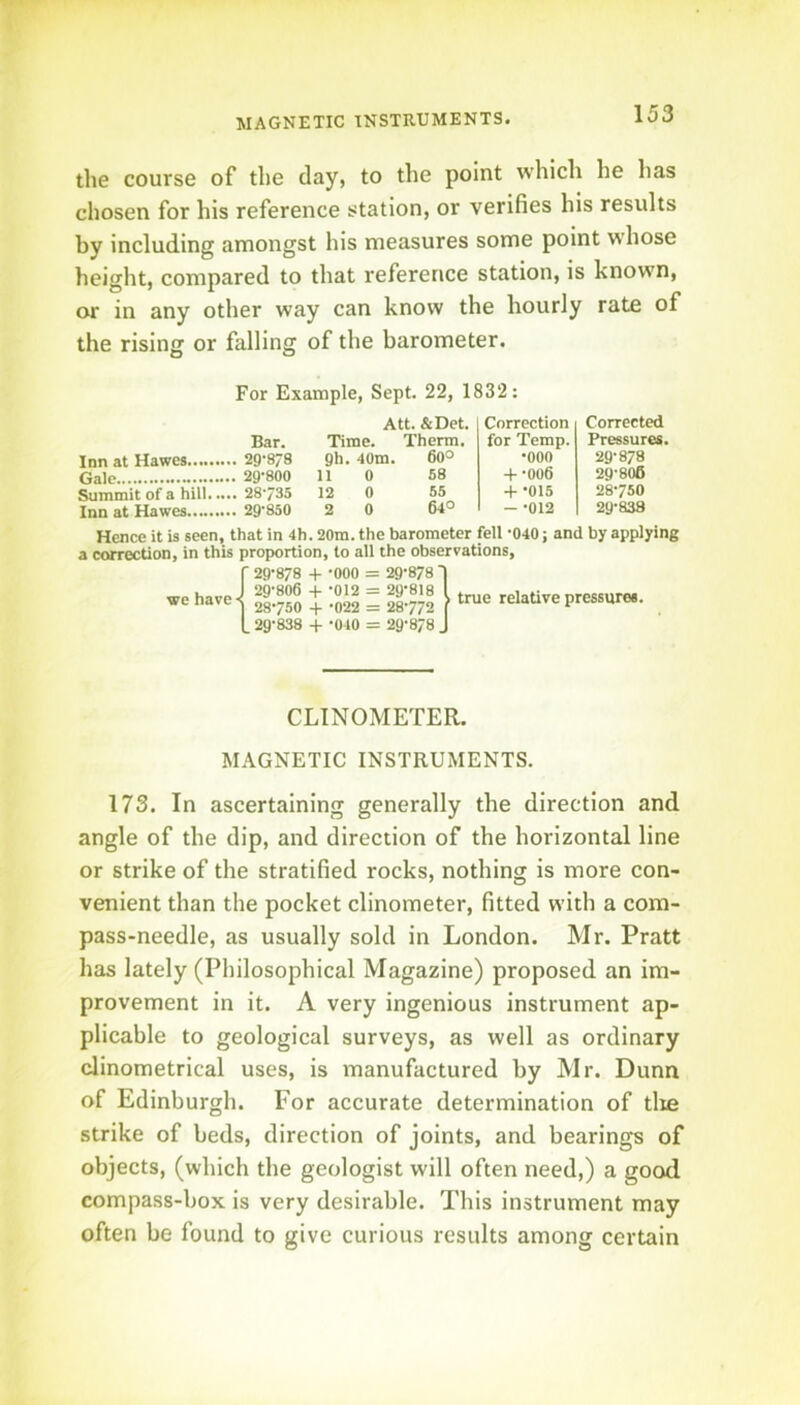 MAGNETIC INSTRUMENTS. the course of the clay, to the point which he has chosen for his reference station, or verifies his results by including amongst his measures some point whose height, compared to that reference station, is known, cxr in any other way can know the hourly rate of the rising or falling of the barometer. For Example, Sept. 22, 1832: Bar. Inn at Hawes 29’878 Gale 29-800 Summit of a hill 28-/35 Inn at Hawes 29-850 Att. &Det. Time. Therm. 9h. 40m. 60° 110 58 12 0 55 2 0 64° Correction for Temp. •000 + -006 + -015 - -012 Corrected Pressures. 29-878 29-806 28- 750 29- 838 Hence it is seen, that in 4h. 20m. the barometer fell -040 j and by applying a correction, in this proportion, to all the observations. we have {29-878 + -000 = 29-878 ~\ 29-8O6 + -012 = 29-8I8 I 28-750 + -022 = 28-772 ( 29-838 + -040 = 29-878 J true relative pressures. CLINOMETER. MAGNETIC INSTRUMENTS. 173. In ascertaining generally the direction and angle of the dip, and direction of the horizontal line or strike of the stratified rocks, nothing is more con- venient than the pocket clinometer, fitted with a com- pass-needle, as usually sold in London. Mr. Pratt has lately (Philosophical Magazine) proposed an im- provement in it. A very ingenious instrument ap- plicable to geological surveys, as well as ordinary clinometrical uses, is manufactured by Mr. Dunn of Edinburgh. For accurate determination of tlie strike of beds, direction of joints, and bearings of objects, (which the geologist will often need,) a good compass-box is very desirable. This instrument may often be found to give curious results among certain