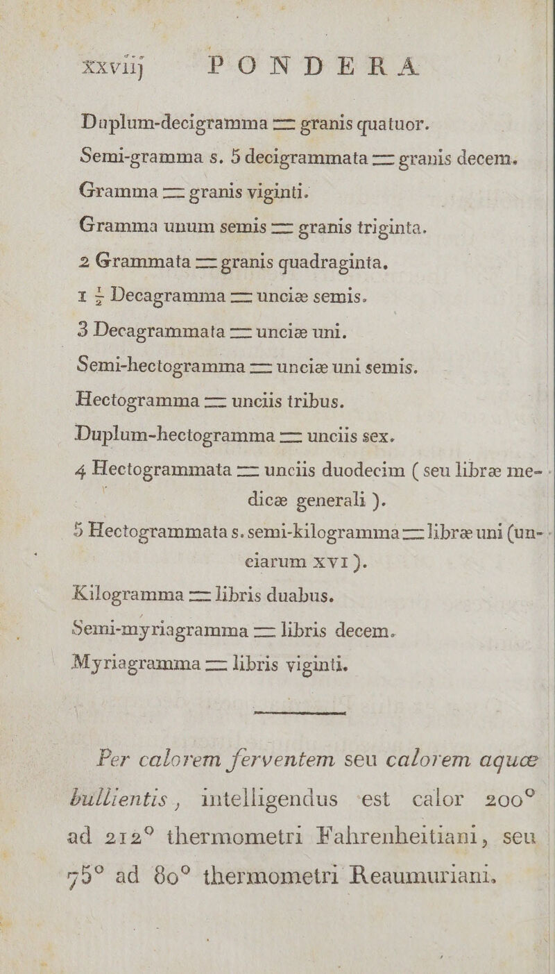 xviij PONDERA Dauplum-decigramma — granis quatuor. Semi-gramma s. 5 decigrammata — granis decem. Gramma — granis viginti. Gramma unum semis — granis tri ginta. 2 Grammata — granis quadraginta. 1 ; Decagramma — uncia semis. 3 Decagrammata — uncia uni. Semi-hectogramma — uncis uni semis. Hectogramma — unciis tribus. Duplum-hectogramma — unciis sex. dice generali ). eiarum XVI ). Kilogramma — libris duabus. Semi-myriagramma — libris decem. Myriagramma — libris viginti. bullientis , intelhgendus 'est calor 200? ad 2129 thermometri Fahrenheitiani, seu 79? ad 00? thermometri Reaumuriani,