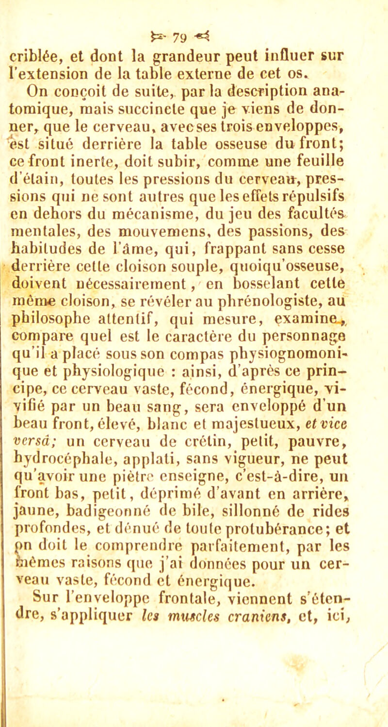 criblée, et dont la grandeur peut influer sur l’extension de la table externe de cet os. On conçoit de suite, par la description ana- tomique, mais succincte que je viens de don- ner, que le cerveau, avec ses trois enveloppes, est situé derrière la table osseuse du front; ce front inerte, doit subir, comme une feuille d’étain, toutes les pressions du cerveair, pres- sions qui ne sont autres que les effets répulsifs en dehors du mécanisme, du jeu des facultés mentales, des mouvemens, des passions, des habitudes de l ame, qui, frappant sans cesse derrière cette cloison souple, quoiqu’osseuse, doivent nécessairement, en bosselant cette même cloison, se révéler au phrénologiste, au philosophe attentif, qui mesure, examine* compare quel est le caractère du personnage qu’il a placé sous son compas physiognomoni- que et physiologique : ainsi, d’après ce prin- cipe, ce cerveau vaste, fécond, énergique, vi- vifié par un beau sang, sera enveloppé d'un beau front,élevé, blanc et majestueux, etvice versa; un cerveau de crétin, petit, pauvre, hydrocéphale, applali, sans vigueur, ne peut qu’avoir une piètre enseigne, c’est-à-dire, un front bas, petit, déprimé d’avant en arrière, jaune, badigeonné de bile, sillonné de rides profondes, et dénué de toute protubérance; et pn doit le comprendre parfaitement, par les fcièmes raisons que j’ai données pour un cer- veau vaste, fécond et énergique. Sur l’enveloppe frontale, viennent s’éten- dre, s’appliquer les muscles crâniens, et, ici,