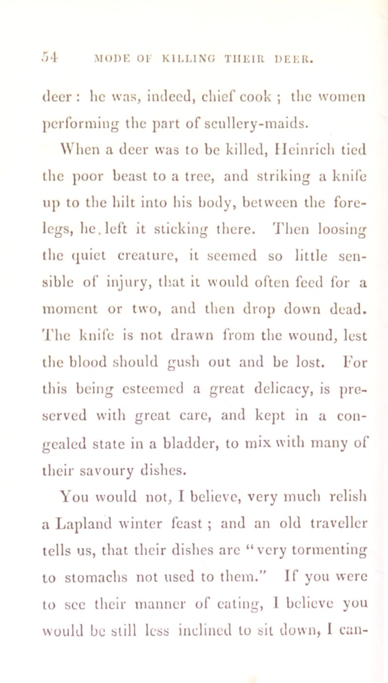 deer : he was, indeed, chief cook ; the women performing the part of scullery-maids. When a deer was to be killed, Heinrich tied the poor beast to a tree, and striking a knife up to the hilt into his body, between the fore- legs, he. left it sticking there. Then loosing the quiet creature, it seemed so little sen- sible of injury, that it would often feed for a moment or two, and then drop down dead. The knife is not drawn from the wound, lest the blood should gush out and be lost, l'or this being esteemed a great delicacy, is pre- served with great care, and kept in a con- gealed state in a bladder, to mix with many of their savoury dishes. You would not, 1 believe, very much relish a Lapland winter feast ; and an old traveller tells us, that their dishes are “very tormenting to stomachs not used to them.” If you were to sec their manner of eating, 1 believe you would be still less inclined to sit down, I can-