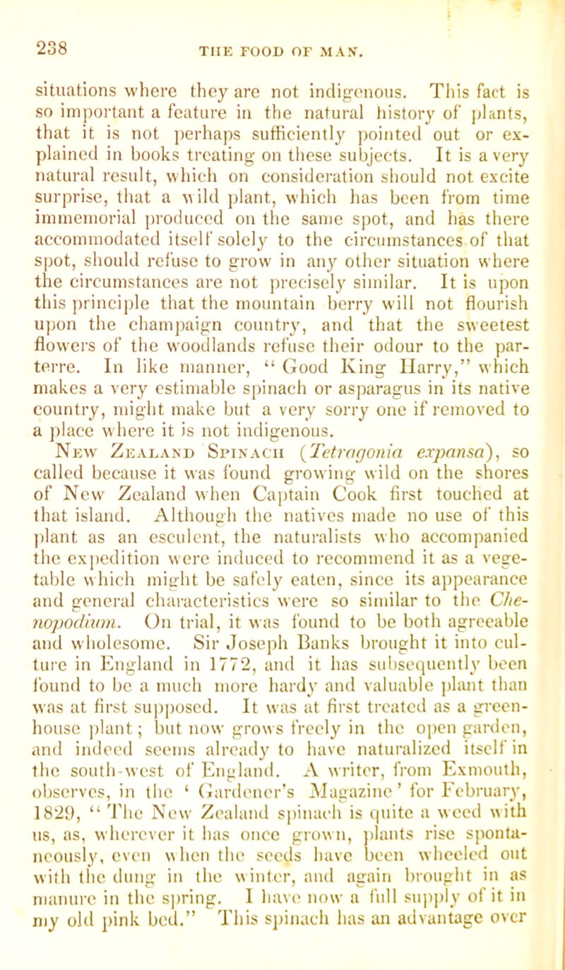 situations where they are not indigenous. Tliis fact is so important a feature in the natural history of jdants, that it is not ])erhaps sufficiently jtointed out or ex- plained in books treating on these subjects. It is a verj' natural residt, which on consideration should not excite surprise, that a w ild plant, which has been from time immemorial produced on the same sj)ot, and has there accommodated itself solely to the circumstances of that spot, should refuse to grow in any other situation where the circumstances are not precisely similar. It is upon this ))rinciple that the mountain berry will not flourish upon the champaign country, and that the sweetest flowers of the woodlands refuse their odour to the par- terre. In like manner, “ Good King Harry,” which makes a very estimable spinach or asparagus in its native country, might make but a very sorry one if removed to a ])!ace where it is not indigenous. New Zeai.and Spinach {I'etragonia expansa), so called because it was found growing wild on the shores of New Zealand when Ca])tain Cook first touched at that island. Although the natives made no use of this ]ilant as an esculent, the naturalists who accompanied the expedition were induced to recommend it as a vege- table which might be safely oaten, since its ajipearance and general characteristics were so similar to the C/ie- nopodiwn. On trial, it was found to be both agreeable and wholesome. Sir Joseph Banks brought it into cul- ture in England in 1772, and it has subsequently been found to be a much more hardy and valuable jdaiit than was at first supjiosed. It was at first treated as a green- house plant; but now grovi s freely in the open garden, and indeed seems already to have naturalized itself in the south-west of England. A writer, from Exmouth, observes, in the ‘ Gardener’s Magazine’ for Eebruary, 1829, “ The New Zealand spinach is quite a weed with us, as, wherever it has once grown, jilants rise sponta- neousl}', even when the seeds have been wheeled out with the dung in the winter, and again brought in as manure in the s))ring. I havi' now a full siqiply of it in my old pink bed.” This sjiinach has an advantage over