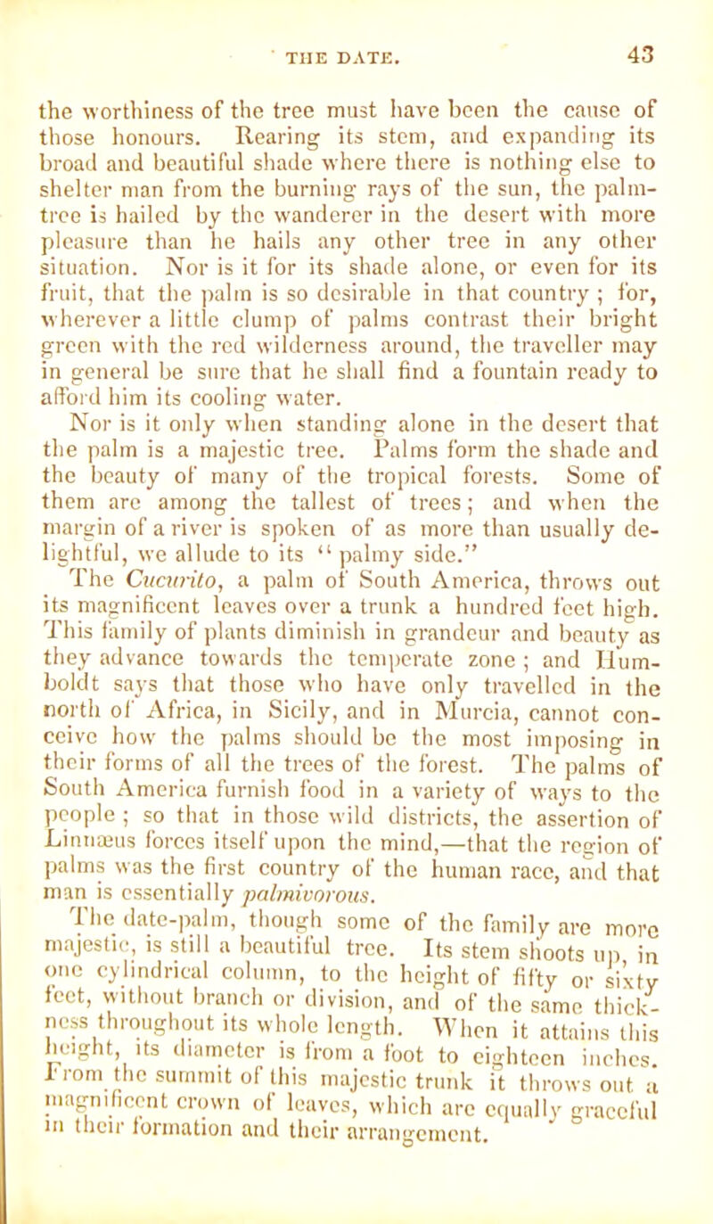 the worthiness of the tree must liave been the cause of those honours. Rearing its stem, and expanding its broad and beautiful shade where there is nothing else to shelter man from the burning rays of the sun, the palm- tree is hailed by the wanderer in the desert with more pleasure than he hails any other tree in any other situation. Nor is it for its shade alone, or even for its fruit, that the palm is so desirable in that country ; for, wherever a little clump of palms contrast their bright green with the red wilderness around, the traveller may in general be sure that he shall find a fountain ready to alibi'd him its cooling water. Nor is it only when standing alone in the desert that the palm is a majestic tree. Palms form the shade and the beauty of many of the tropical forests. Some of them arc among the tallest of trees; and when the margin of a river is spoken of as more than usually de- lightful, we allude to its “ palmy side.” The Ciiamto, a palm of South America, throws out its magnificent leaves over a trunk a hundred feet high. This family of plants diminish in grandeur and beauty as they advance towards the temperate zone ; and Hum- boldt says that those who have only travelled in the north of Africa, in Sicily, and in Murcia, cannot con- ceive how the palms should be the most imposing in their forms of all the trees of the forest. The palms of South America furnish food in a variety of ways to the people ; so that in those wild districts, the assertion of Linnaius forces itself upon the mind,—that the region of palms was the first country of the human race, and that man is essentially palmivorous. The date-palm, though some of the family are more majestic, is still a beautiful tree. Its stem slioots up in one cylindrical column, to the height of fifty or sixty feet, without branch or division, and of the same thick- ness throughout its whole length. When it attains this height. Its diameter is from a foot to eighteen inches. Ironi the summit of this majestic trunk it throws out a magnificent crown of leaves, which are ccnially graceful in their formation and their arrangement.