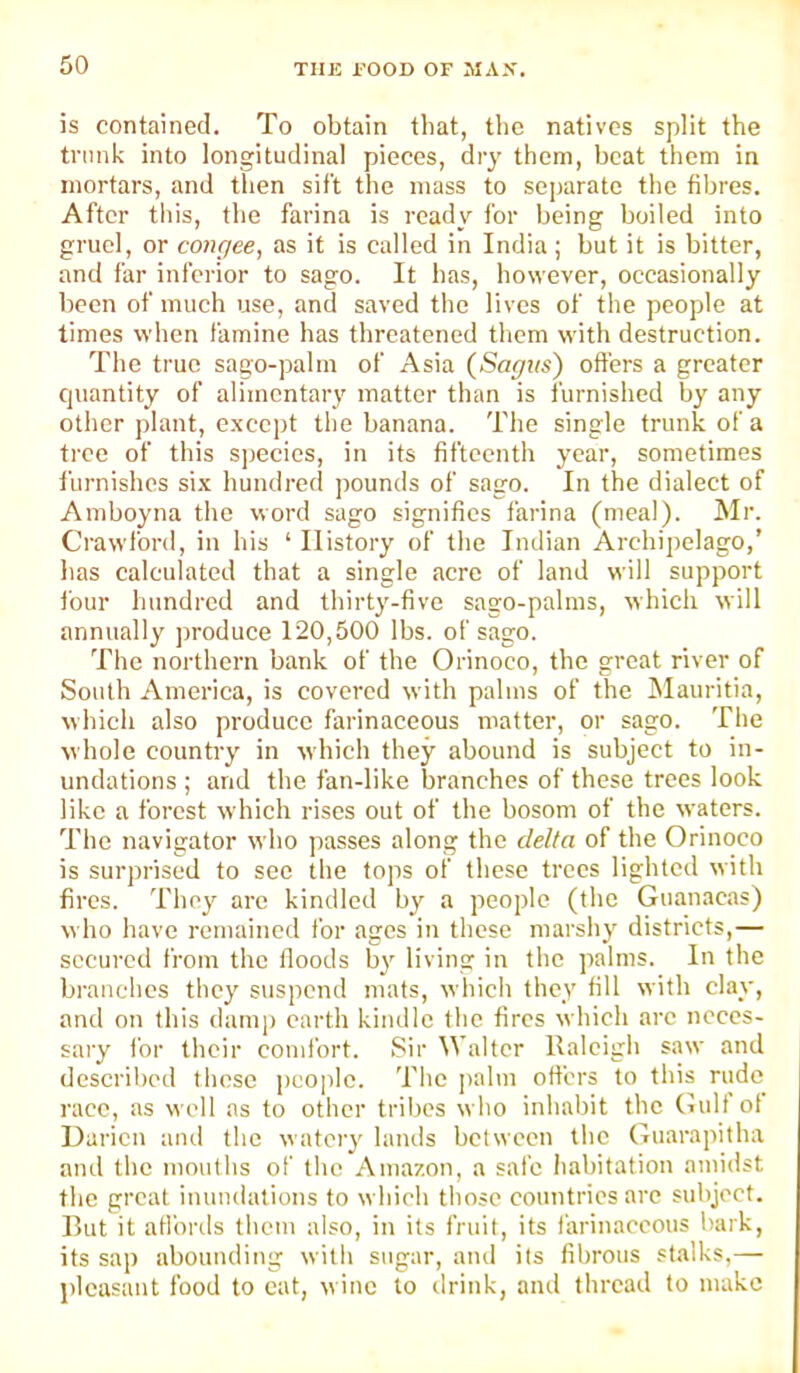 is contained. To obtain that, the natives split the trunk into longitudinal pieces, dry them, heat them in mortars, and then sift the mass to separate the fibres. After this, the farina is ready for being boiled into gruel, or congee, as it is called in India ; but it is bitter, and far inferior to sago. It has, however, occasionally been of much use, and saved the lives of the people at times when famine has threatened them with destruction. The true sago-palm of Asia (Sagus) offers a greater quantity of alimentary matter than is furnished by any other plant, except the banana. The single trunk of a tree of this sjjecies, in its fifteenth year, sometimes furnishes si.x hundred jiounds of sago. In the dialect of Amboyna the word sago signifies farina (meal). Mr. Crawford, in his ‘ History of the Indian Archipelago,’ has calculated that a single acre of land will support four hundred and thirty-five sago-palms, which will annually ])roduce 120,500 lbs. of sago. The northern bank of the Orinoco, the great river of South America, is covered with palms of the JMauritia, which also produce farinaceous matter, or sago. The whole country in which they abound is subject to in- undations ; and the fan-like branches of these trees look like a forest which rises out of the bosom of the waters. The navigator who jiasses along the delta of the Orinoco is surprised to sec the tops of these trees lighted with fires. They are kindled by a people (the Guanacas) w ho have remained for ages in these marshy districts,— secured from the floods by living in the palms. In the branches they suspend mats, whicli they fill with clay, and on this damp earth kindle the fires which are neces- sary I'or their comfort. Sir Walter Raleigh saw and described these people. The palm offers to this rude race, as well as to other tribes who inhabit the Gulf ot Darien and the watery lands between the Guarapitha and the mouths of the Amazon, a safe liabitation amidst the great inundations to w Inch those countries arc subject. Rut it atlbrds them also, in its fruit, its farinaceous bark, its sap abounding witli sugar, and its fibrous stalks,— pleasant food to cat, w inc to drink, and thread to make