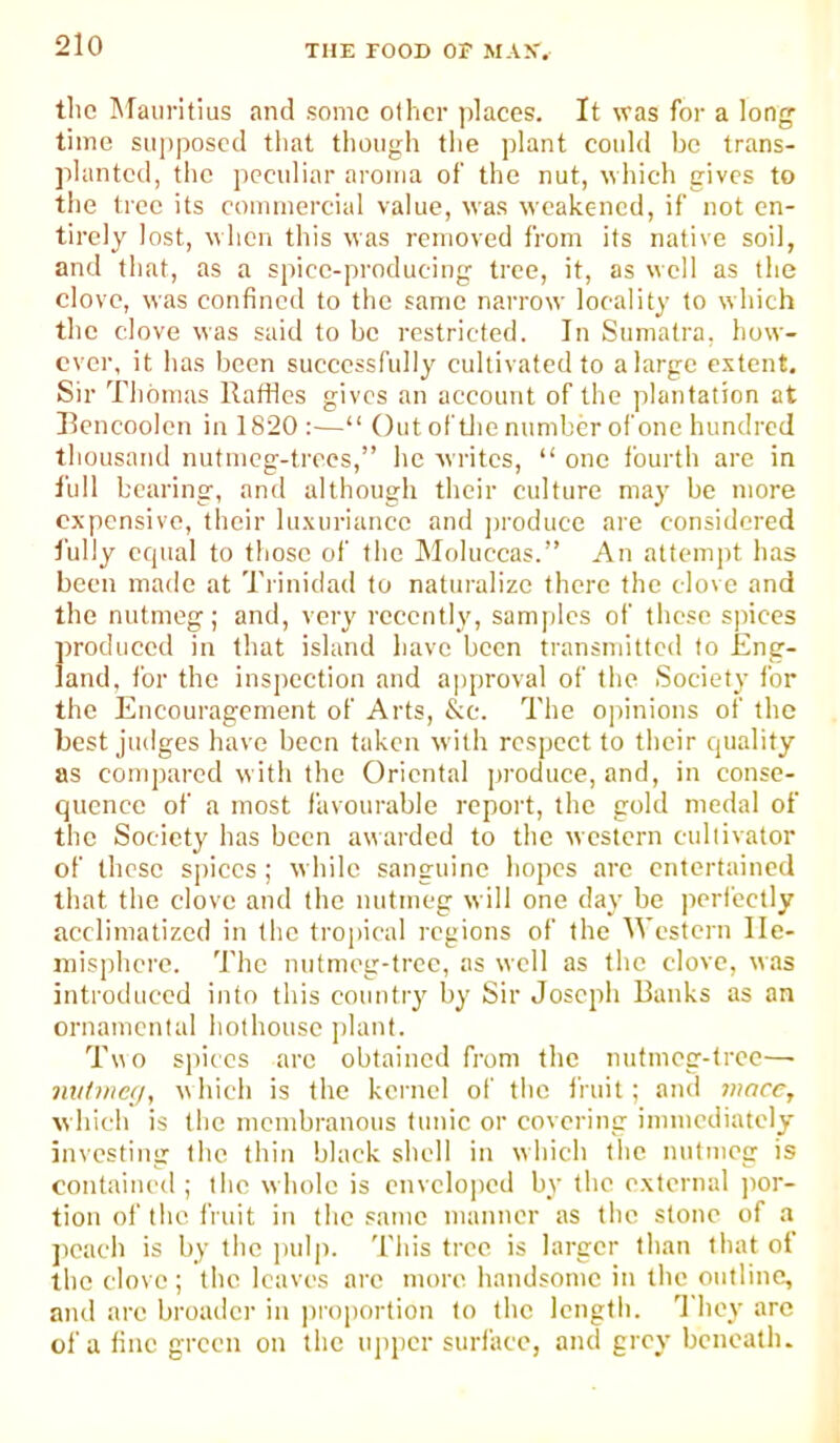 the Mauritius and some other places. It was for a long’ time su])poscd that though the plant could bo trans- planted, the peculiar aroma of the nut, which gives to the tree its commercial value, was weakened, if not en- tirely lost, when this was removed from its native soil, and that, as a spice-producing tree, it, as well as the clove, was confined to the same narrow locality to which the clove was said to bo restricted. In Sumatra, how- ever, it has been successfully cultivated to a large extent. Sir Thomas Raffles gives an account of the plantation at Rcncoolcn in 1820:—“ Out of tlie number of one hundred thousand nutmeg-trees,” he writes, “ one fourth are in lull bearing, and although their culture may be more expensive, their lu.xurianco and ])roduce are considered fully equal to those of the INIoluccas.” An attempt has been made at Tiinidad to naturalize there the clove and the nutmeg; and, very recently, samples of these sjnees produced in that island have been transmitted to Eng- land, for the inspection and ajiproval of the Society for the Encouragement of Arts, &e. The 0])inions of the best judges have been taken with respect to their quality as compared with the Oriental ])roduce, and, in conse- quence of a most favourable report, the gold medal of the Society has been awarded to the western cultivator of these spices; while sanguine hopes arc entertained that the clove and the nutmeg will one day be perfectly acclimatized in the tropical regions of the Western Ile- iTiisphcre. 'I'hc nutmeg-tree, as well as the clove, was introduced into this countiy by Sir Joseph Banks as an ornamental hothouse ]dant. Two spices are obtained from the nutmeg-free— nittineg, w hich is the kci ncl of the fruit; and mace, which is the membranous tunic or covering immediately investing the thin black shell in which the nutmeg is contained ; the whole is enveloped by the external ])or- tion of the fruit in the same manner as the stone of a jieach is by the jnd]). 'I'liis tree is larger than that of the clove; the leaves arc more handsome in the outline, ami arc broader in proportion to the length. They arc of a fine green on the ujipcr surface, and grey beneath.