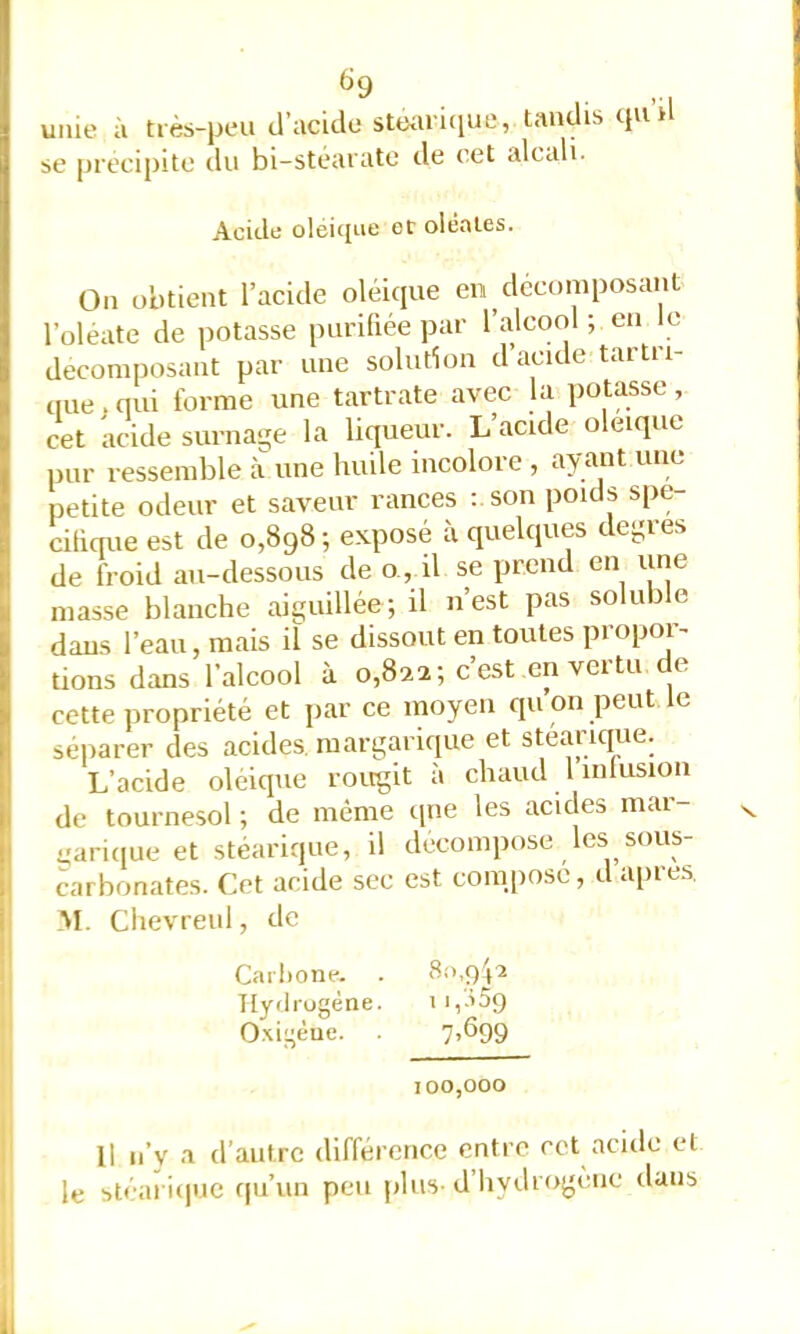 unie à très-peu d’acitle stoiiritiue, tandis tpi’il se précipité du bi-stéaratc de cet alcali- Acide oleiqiie etolcales. On obtient l’acide oleique en décomposant l’oléate de potasse purifiée par l’alcool ; en le décomposant par une solution d’acide tartri- uiie, qui forme une tartrate avec la potasse, cet acide surnaeje la liqueur. L’acide oleique pur ressemble à une huile incolore , ayant une petite odeur et saveur rances : son pouls spe cilique est de 0,898; exposé à quelques dej^res de froid au-dessous de o., il se prend en une masse blanche aiguillée; il n’est pas soluble dans l’eau, mais il se dissout en toutes propor- tions dans l’alcool à 0,822; c est en vei tu e cette propriété et par ce moyen qu on peut le séiiarer des acides raargarique et stéarique. L’acide oleique rougit à chaud 1 infusion de tournesol ; de même qne les acides mar- üarique et stéarique, il décomposé les sous- carbonates. Cet acide sec est coinpose, d apres. I .M. Chevrenl, de I Carbone. . 80,942 I Hydrogène. iqàSg Oxigèue. . 7»d99 100,000 Il ii’y a d’autre différence entre cet acide et le stéarique f|u’un peu plus- d hydrogène dans I