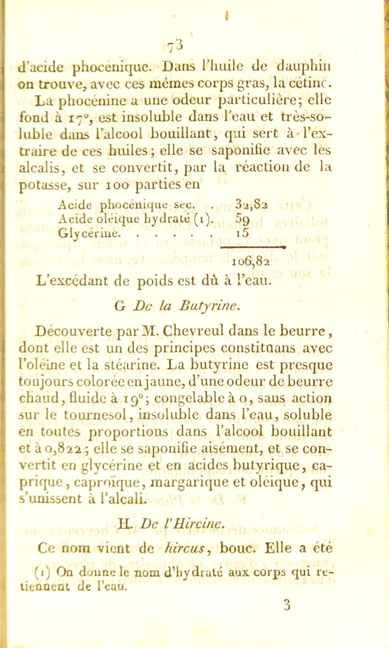 73 d’acide phocenicjuc. Dans l’Iuale de dauphin on trouve, avec ces memes corps gras, la cétinc. La phocénine a une odeur particulière; elle fond à 17, est insoluble dans l'eau et très-so- luble dims l’alcool bouillant, qui sert à-l’ex- traire de ces huiles ; elle se saponifie avec les alcalis, et se convertit, par la réaction de la potasse, sur 100 parties en Acide phocéuique sec. . 3a,8a Acide oléique hydraié (i). 5g Glycériue i5 106,8a L’excédant de poids est dû à l’eau. G De la Butjrine. Découverte parM. Chevreul dans le beurre, dont elle est un des principes constituans avec l’oléine et la stéarine. La butyrine est presque toujours colorée en jaune, d’une odeur de beurre chaud, fluide à 19®; congelable à o, sans action sur le tournesol, insoluble dans l’eau, soluble en toutes proportions dans l’alcool bouillant et à 0,822 ; elle se saponifie aisément, et se con- vertit en glycérine et en acides butyrique, ca- prique, caproique, margarique et oléique, qui s’unissent à l’alcali. J PL De rHircine. Ce nom vient de hircus, bouc. Elle a été (1) On donne le nom d’hydralé aux corps qui re-