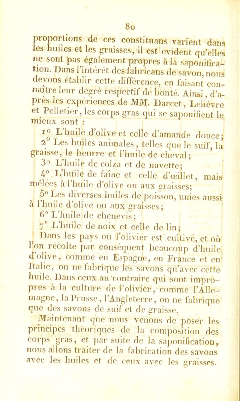 proporlions de ces constituans varient dans les huiles et les j-raisscs, il est aident qu’elles ne sont pas également propres à la saponillca- tion. Dans l’intérêt des fabricans de savon, nous devons établir cette différence, en faisant con- naître leur degré respectif de limité. Ainsi, d’a- près les expériences de MM. Darcct, Lelièvre et Pellclier, les corps gras qui se saponifient le mieux sont : 1° L’huile d’olive et celle d’amande douce; 2 Les huiles animales, telles que le suif, la graisse, le beurre et 1 huile de cheval; 3'’ L’huile de colza et de navette; 4“ L huile de faine et celle d’œillet, mais mêlées a 1 huile d’olive ou aux Epaisses; N diverses huiles de jioisson, unies aussi a 1 huile d’olive ou aux graisses; C“ L’huile de chenevis; 7° L’huile de noix et celle de lin; Dans les pays où l’olivier est cultivé, et où l’on récolte par conséquent lieaucoup d’huile d olive, comme en Espagne, en France et en' Italie, on ne labrique les savons qu’avec cette huile. Dans ceux au contraire qui sont impro- pres à la culture de l’olivier, comme l’Alle- magne, la Prusse, l’Angleterre, on ne fabrique que des savons de suif et de graisse. Maintenant que nous venons de poser les principes théoriques de la composition des corps gras, et jiar suite de la saponification, nous allons traiter de la fabrication des savons avec les huiles et de ceux avec les graisses.