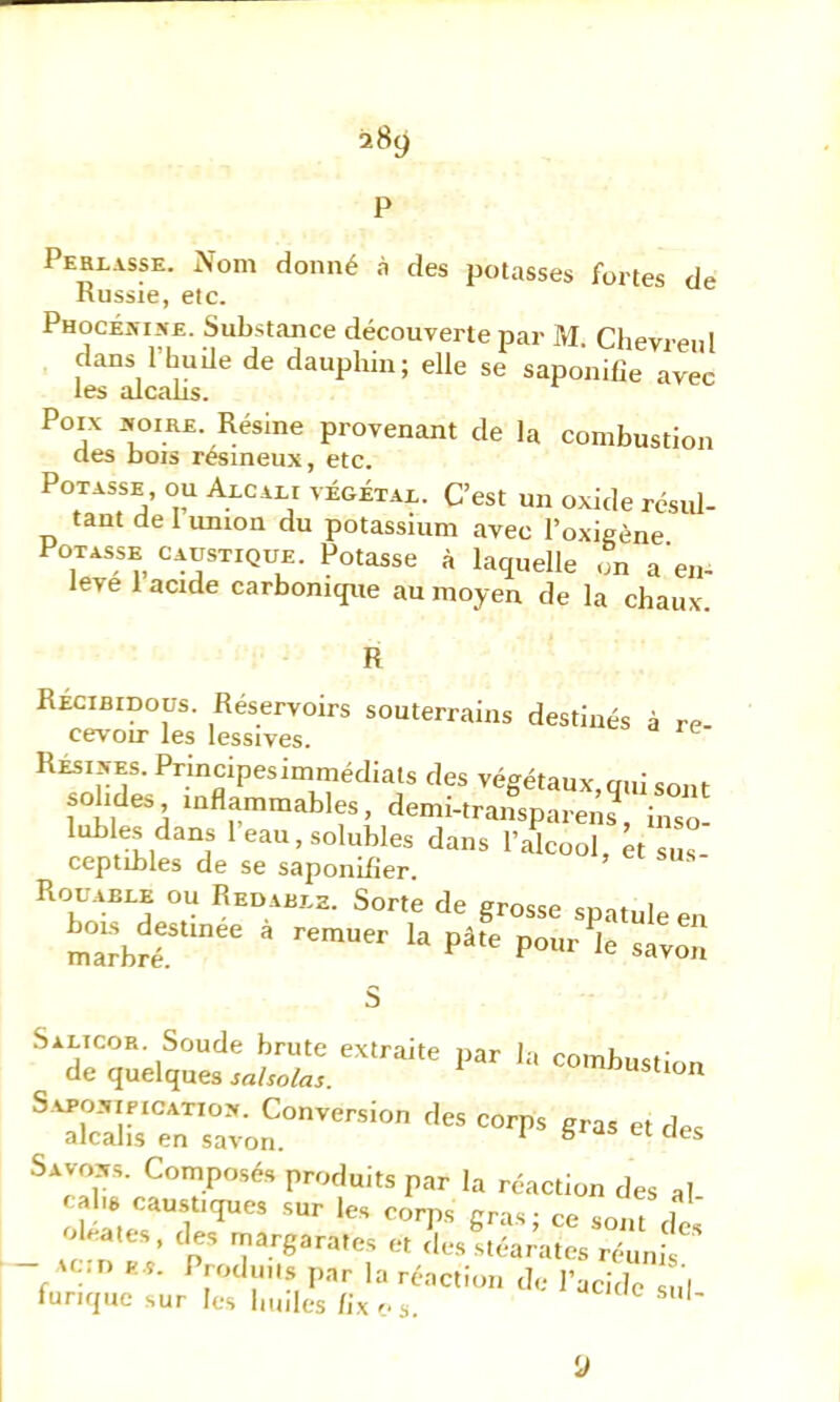 P Perlasse. Nom donné à des potasses fortes de Russie, etc. Phocéîîij(e. Substance découverte par M. Chevi enl clans l’buile de dauphin; elle se saponifie avec 16s tUCRllS. Poix boire. Résine provenant de la combustion cies bois résineux, etc. Potasse, ou Aecaei végÉtae. C’est un oxide résul- tant de I union du potassium avec l’oxieène Potasse caustique. Potasse à laquelle on a'en- lève 1 acide carbonique au moyen de la chaux R RÉcibidous. Réservoirs souterrains destinés à re cevoir les lessives. RESiBEs.Principesimmédiats des végétaux,qui sont soldes inflammables, demi-transparens, inso lubies dans 1 eau, solubles dans l’akool, et sZ ceptibles de se saponifier. R00.1BIE ou Red.ïiz. Sorte de grosse spatule en P-- k »»on S ® 7c’lL‘“n',“00“''“” “'■P' 8tes et des Savobs. Composés produits par la réaction des al cabs caustiques sur les corps gras; ce sont des ^ oleates, des margarates et des stéarates réunis AUI) E.s. Produits par la réaction de l’acide sul funque sur les luiiles fixes. ' y