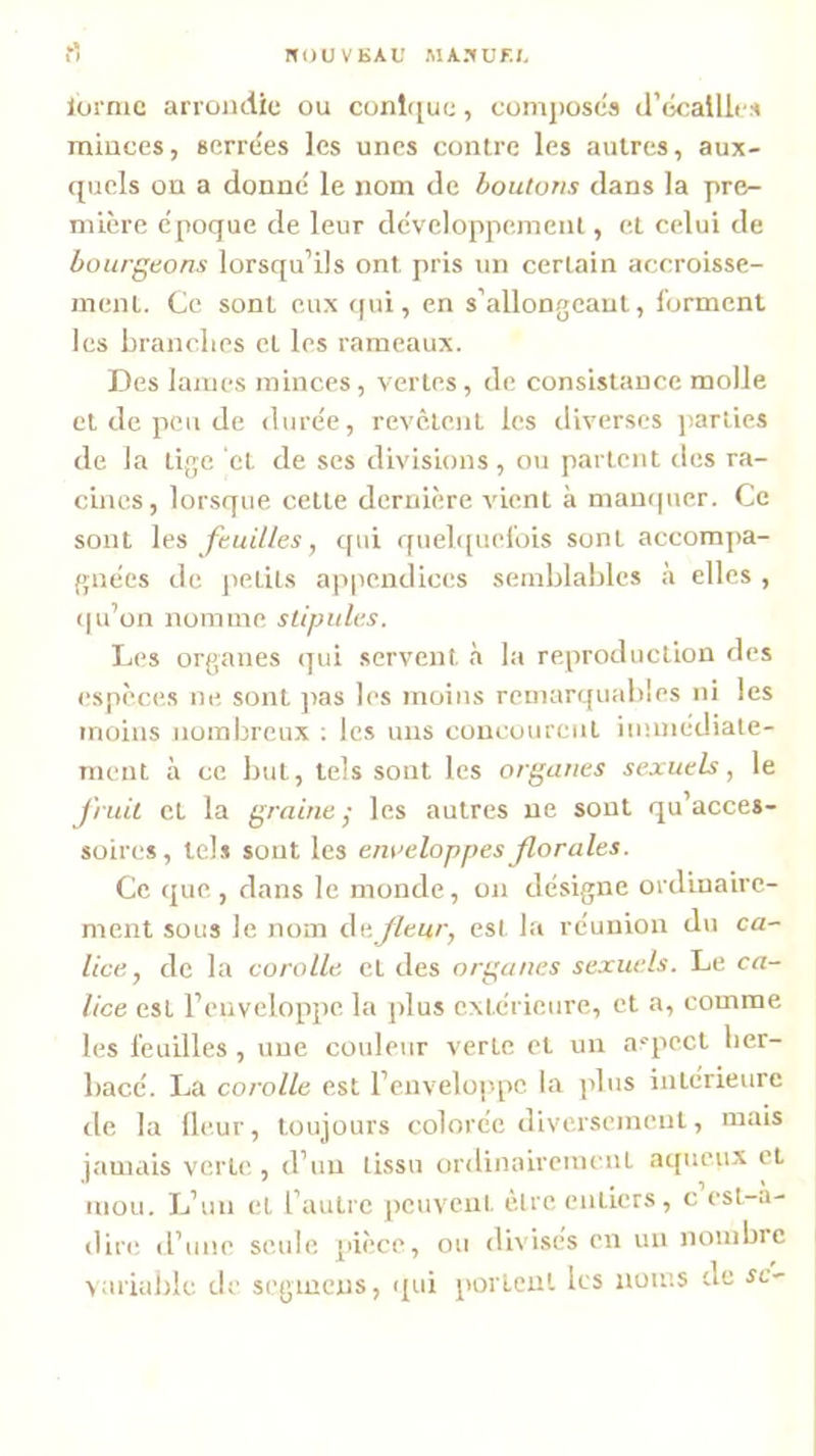 HOU VEAU MAHUF.I, lornie arrondie ou conique, comj)oscs d’coallif A minces, serrees les unes contre les autres, aux- quels on a donné le nom de boulons dans la pre- mière époque de leur développement, et celui de bourgeons lorsqu’ils ont pris un certain accroisse- ment. Ce sont eux (fui, en s’allongeant, forment les brandies et les rameaux. Des lames minces, vertes, de consistance molle et de peu de durée, revè,tenL les diverses fiarties de la tige et de ses divisions , ou partent des ra- cines, lorsque cette dernière vient à maiKpier. Ce sont \es feuilles, qui quebfuef'ois sont accomjia- gnées de jielits appendices semblables à elles, (fu’on nomme stipules. Les organes (jui servent à la reproduction des espèces ne sont fias les moins reinar(.fuables ni les moins nombreux ; les uns concourent immédiate- ment à ce but, tels sont les organes sexuels, le Jruit et la graine^ les autres ne sont qu’acces- soires, tels sont les enveloppes florales. Ce (fue , dans le monde, on désigne ordinaire- ment sous le nom àe.fleur, est la réunion du ca- lice, de la corolle, et des organes sexuels. Le ca- lice est l’enveloppe, la plus extérieure, et a, comme les l'euilles , une couleur verte et un a‘'pecl ber- bacé. La corolle est l’cnvelof'pc la plus intérieure de la (leur, toujours colorée diversement, mais jamais verte., d’un tissu ordinairement aqueux et mou. L’un et l’autre fieuvcni. être entiers, c est-a- dire d’une seule pièce, ou divisés en un nondire >ariubic de segincns, qui iiorlent les noms de sc-