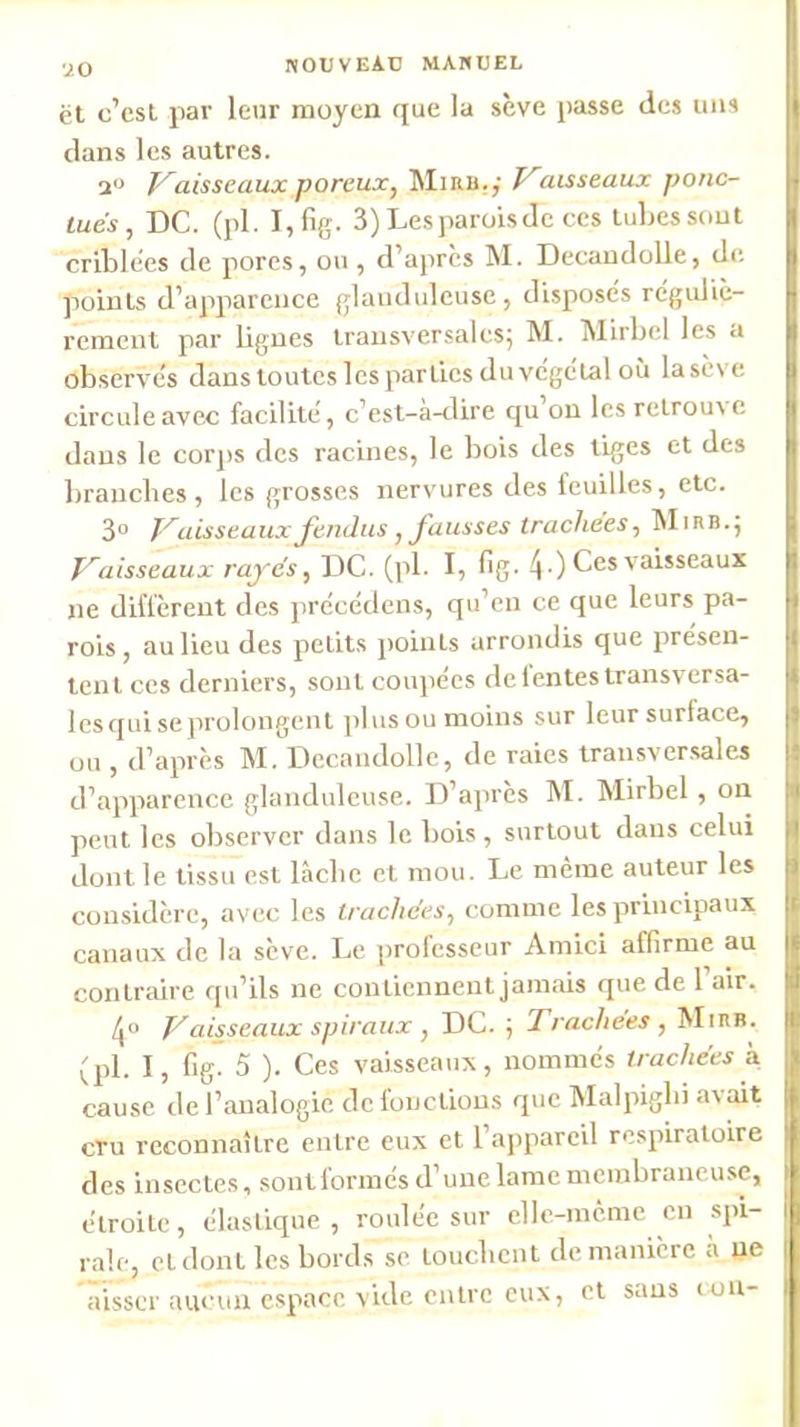 'iü et c’csl par leur moyen que la sève passe des uns dans les autres. 3“ J^aisscaux poreux^ Mirb.,’ aisseaux ponc- tués , DC. (pl. I,%. 3) Les parois de CCS tubes sont criblées de pores, ou , d’après M. Decaudolle, de points d’apparence glanduleuse, disposés réguliè- rement par bgnes transversales; M. Mirbel les a observés dans toutes les parties du végétal où lasè\e circule avec facilité, c’est-à-dire qu on les retrou\e dans le corps des racines, le bois des tiges et des brandies, les grosses nervures des feuilles, etc. 3° T'^uisseauxJendus J Jausses trachées-, Mirb.; faisseaux rayés, DC. (pl. I, bg’ 4-) Ces vaisseaux ne diffèrent des précédons, qu’en ce que leurs pa- rois, au lieu des petits points arrondis que présen- tent ces derniers, sont coupées de tentes transversa- les qui se prolongent plus ou moins sur leur surface, ou , d’après M. Decaudolle, de raies transversales d’apparence glanduleuse. D’après M. Mirbel, on peut les observer dans le bois, surtout dans celui dont le tissu est làcbc et mou. Le même auteur les considère, avec les trachées, comme les principaux canaux de la sève. Le prolcsseur Amici affirme au contraire qu’ils ne contiennent jamais que de l’air. aisseaux spiraux , DC. ; Trachées , Mirb. (pl. I, fig. 5 ). Ces vaisseaux, nommés trachées à cause de l’analogie de fonctions que Malpigbi avait cru reconnaître entre eux et l’aiipareil respiratoire des insectes, sonlformés d’une lame membraneuse, étroite, élaslique , roulée sur elle-même en spi- rale, et dont les bords se touebent de manière a ne aisscr aucun espace vide entre eux, et sans lou-