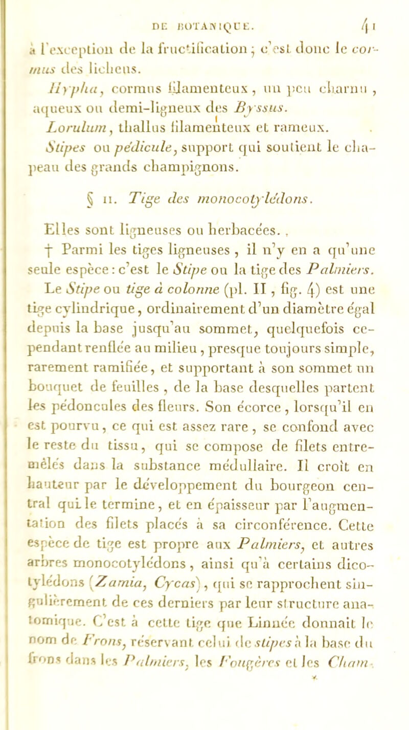 nr. liO'i'ANiQl’K. /( I à 1 e.xcpplion de la IViic'ilication j o’esl, donc le cor- mus des liclieiis. llyphu, cormns lüameutcux, mi i)cu elianiu , a([iieux ou demi-ligneux des Byssiis. Lorulum, thallus lilameuteux eL rameux. Stcpes ou pédicule, support qui soutient le clia- jieau des grands champignons. 5 II. Tige des monocotj lédons. Elles sont ligneuses ou lierhace'es. . C.T j Parmi les tiges ligneuses , il n’y en a qu’une seule espèce : c’est le Stipe ou la tige des Palmiers. Le Stipe ou tige à colonne (jd. II, lig. 4) est une lige cylindrique, ordinairement d’un diamètre e'gal depuis la base jusqu’au sommet, quelquefois ce- pendant renfle'e au milieu , presque toujours simple, rarement ramifie'e, et supportant <à son sommet un bouquet de feuilles , de la base desquelles partent les pédoncules des fleurs. Son écorce, lorsr[u’il en est pourvu, ce qui est assez rare , se confond avec le reste du tissu, qui se compose de filets entre- mêlés dans la substance médullaire. Il croît en liauteur par le développement du bourgeon cen- tral qui le termine, et en épaisseur par l’augmen- tation des filets placés à sa circonférence. Cette espèce de tige est propre aux Palmiers, et autres arbres monocotylédons, ainsi qu'à certains dico- lylédons [Zamia, Cycas), qui se rapprochent sin- gulièrement de ces derniers par leur structure ana- tomique. C’est à cette tige que Linnéc donnait le nom de prons, réser \ant relui de slipesà la base du frons dan.s les Palmiers, les Ponçjèrcs et les Ctiam