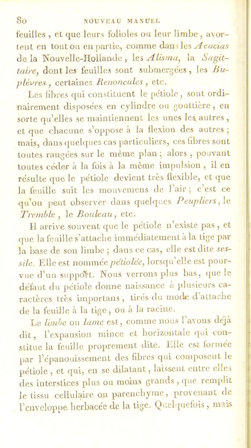 feuilles , eL que leurs Iblioles ou leur limlK;, avoi-- lenl. en toutou en partie-, comme tlaii) les Acacias de la Nouvelle-Hollantle , les la Sagit- taire, dont les feuilles sont submergées, les Hu- glèvres , certaines Renoncules , etc. Lc.s libres qui constituent le pétiole, sont ordi- nairement disposées en cylindre ou gouttière , eu sorte qu’elles se maintiennent les unes les,autres, et que cliacune s’oppose à la llexion des autres ; mais, dans quebpies cas particuliers, ces libres sont toutes rangées sur le même plan ; alors , pouvant toutes céder à la fols à la même impulsion , il en résulte que le pétiole devient très flexible, et que la feuille suit les nioiivemcns de l’air ; c’est ce qu’on jieut observer dans quelques Peupliers, le Tremble , \a Rouleau, etc. Il arrive souvent que le pétiole n’existe pas, et que la feuille s’attache immédiatement à la lige par la base de sou limbe ; dans ce cas, elle est dite ses- sile. Elle est nommée pcliolde, lorsqu’elle est pour- vue d’un suppol't. Nous verrons plus bas, tpie le défaut du pétiole donne naissance a plusieurs ca- ractères très importans , tires du mode d attache de la feuille à la tige, ou a la racine. Le limbe ou lame est, comme nous l’avons déjà dit, l’expansion mince et horizontale qui con- stitue la feuille proprement dite. Elle est formée par l’épanouissement des fibres qui composent le pétiole 5 et qui, en se dilatant, laissent entic elles des interstices plus ou moins grands, que remj)lil le tissu cellulaire o.u parenebyme, provenant de l’enveloppe herbacée de la lige. Qc.elqucfois, mais