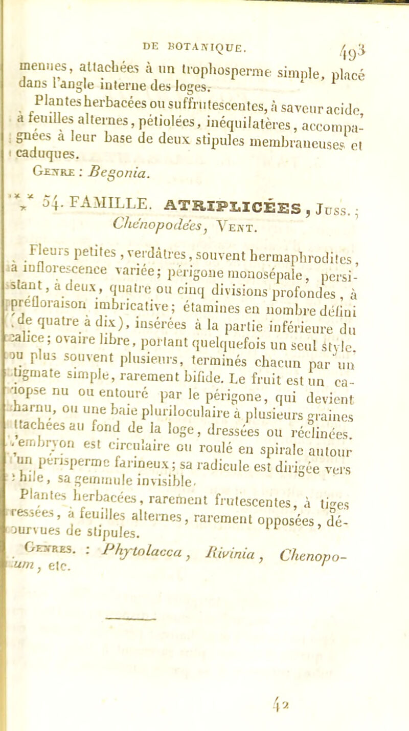 menues, allacbées à un liopliosperme simple, placé tlans 1 angle interne des loges. Plantes herbacées ou suffnitescentes, à saveur acide a feuilles alternes, pétiolées, inéquilatères, accompa- gnées à leur base de deu.x stipules membraneuses et • caduques. Ge:tr£ ; Segonia. 54. FAMILLE. ATRIPilcÉES , Jüss. • Che’nopode'es, A'ent. Fleurs petites , verdâtres, souvent hermaphrodites .a inflorescence variée; périgone monosépale, persi- -•slant, a deu.x, quatie ou cinq divisions profondes , à fpreUoraison imbricative; étamines eu nombre dé/ini .de quatre a di.x), insérées à la partie inférieure du :cahce; ovaire libre, portant quelquefois un seul style. ».ou plus souvent plusieurs, terminés chacun par un tJgmate simple, rarement bifide. Le fruit est un ca- •lopsenu ou entouré par le périgone, qui devient ■iharnu, ou une baie pluriloculaire à plusieurs Kiaines i ttachees au fond de la loge, dressées ou réclinées. - embryon est circulaire eu roulé en spirale autour i un perispermc fdrineu.v; sa radicule est dirigée vei’s hile, sa geinmule invisible' Plantes herbacées, rarement frutescentes, à ti^es ressees, a feuilles alternes, rarement opposées, dé- -jurvues de stipules. Genres. ; Phytolacca, Itiviniu, Chenopo- ■um, etc. yj.