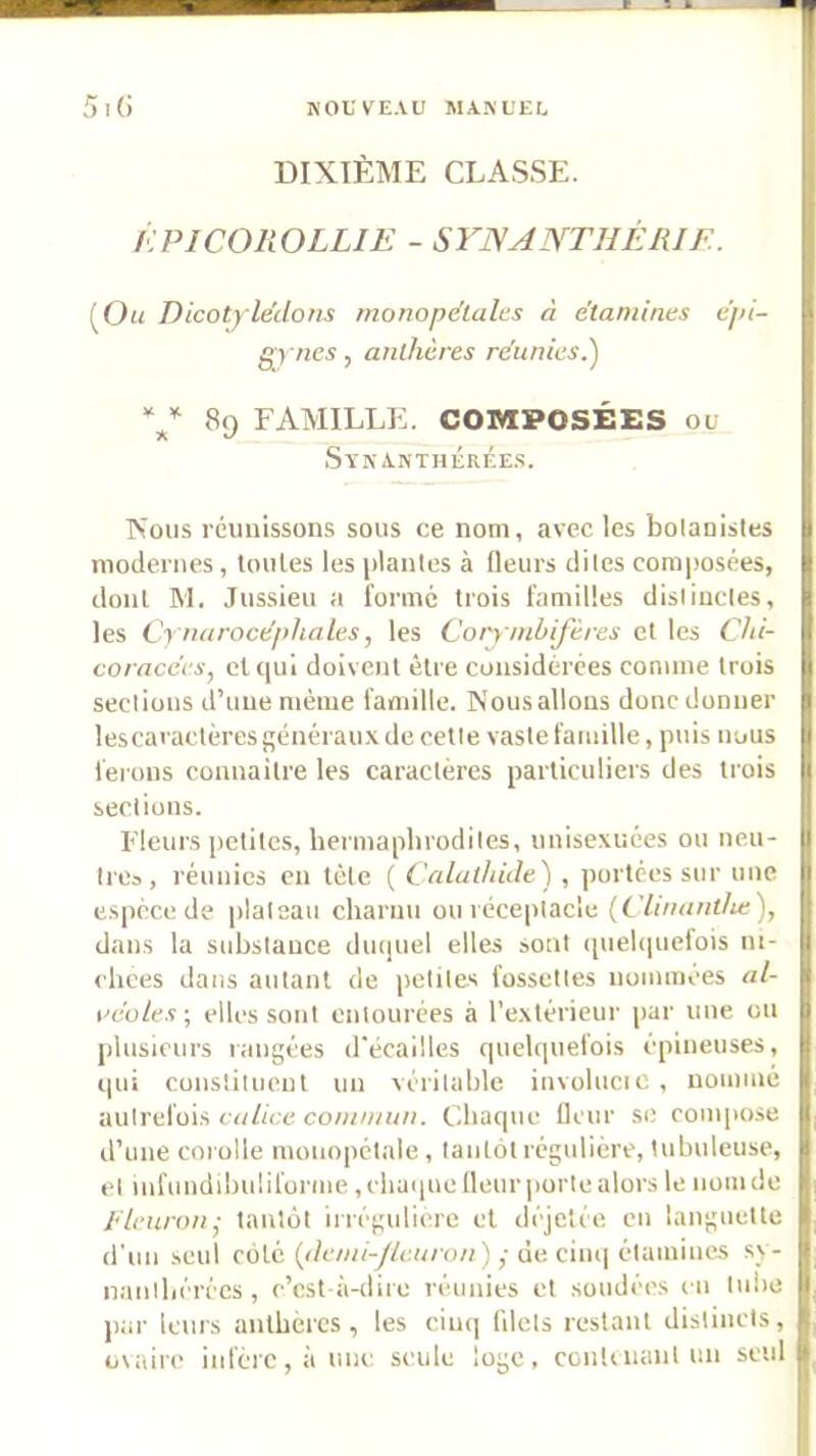 DIXIÈME CLASSE. KPICOROLLIE - SYISANTHÈRIK. (^Ou Dicotylédons monopdlalus à étamines épi- g)7ieA, anthères réunies.') ** 89 FAMILLE. COMPOSÉES ou Stkanthérée.s. Kous réunissons sous ce nom, avec les bolanistes modernes, tonies les jdanles à fleurs dites cora|)osées, dont M. Jussieu a l'orme trois familles distinctes, les Cynarocéphales, les Corymbifères et les Chi- coracécs, et qui doivent être considérées comme trois sections d’une même famille. Nousallous donc donner lescaractèresgénérau.xde cette vaste famille, puis nous ferons connailre les caractères particuliers des trois sections. Fleurs petites, hermaphrodites, unisexuées ou neu- tres, réunies en tète ( Calathide) , portées sur une espece de plateau charnu ou réceptacle (Clinanthe), dans la substance dmiuel elles sont (piehiuetois ni- clices dans autant de petites fossettes nommées al- \'éoles\ elles sont entourées à l'extérieur par une eu plusieurs rangées d'écailles quelquefois épineuses, qui constituent un véritable involucic , nommé autrefois calice commun. Chaque fleur se compo.se d’une corolle mono|iétale , tantôt régulière, tubuleuse, et infundihulifoi'ine ,clia(|ue fleur porte alors le nom de b'iruron- tantôt irrégulière et déjelée en languette d'un seul côte ((/e/i/<-//(,n/ o/i ),• de cim| étamines sy- naniliérécs, c’est à-dire réunies et soudées en tube liai- leurs anthères, les cinq filets restant distincts, ovaire infère, à une seule loge, conliuant un seul