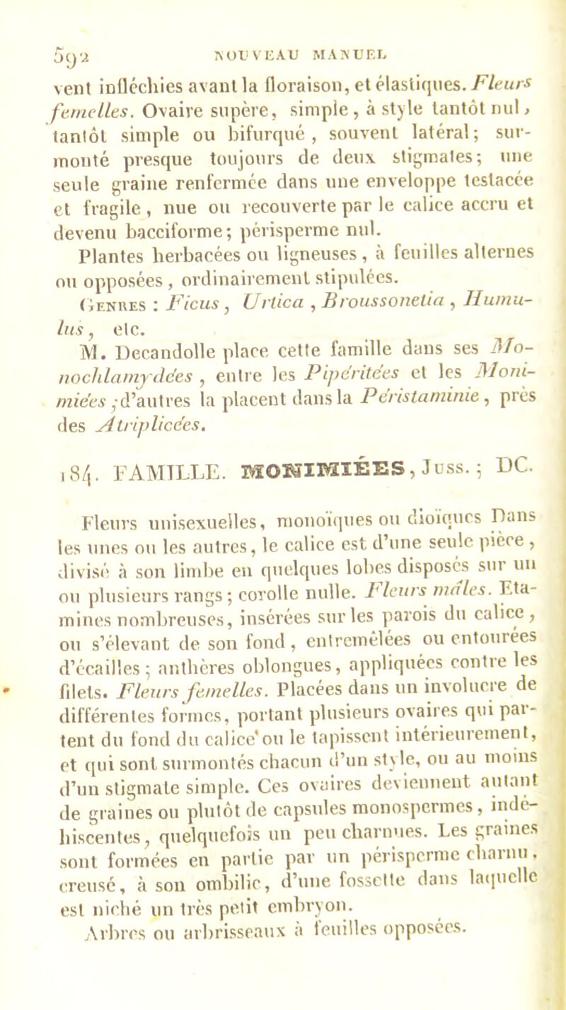 ^O^.iVI■;AU MAM!F.Ij 5(ja vent infléchies avant la floraison, et élastiques. f'emcUes. Ovaire supère, simple , à style tantôt nul, tantôt simple ou bifurqué, souvent latéral; sur- monté presque toujours de deux stigmates; une seule graine renfermée dans une enveloppe testacée et fragile , nue ou recouverte par le calice accru et devenu bacciforme; périsperme nul. Plantes herbacées ou ligneuses, à feuilles alternes ou opposées, ordinairement stipulées. (iEiîUES ; iciis y JJrticci, voussoucl 'ui, Jliunu- Ins, etc. M. Decandolle place cette famille dans ses 3fo- uochLoniyddes , entre les Pipcritees et les 3Iorii- «ziecA ,■ d’autres la placent dans la Perisianiinie, prés des Alriplicdes. iS/). rAMTLLE. MOKIMIÉES, Joss. ; UC. Fleurs uuisexuelles, monoïques ou dioiqucs Dans les unes ou les autres, le calice est d’une seule pièce , divisé à sou limbe en quelques lobes disposés sur un ou plusieurs rangs; corolle nulle. Ileurs males. F.ta- | mines nombreuses, insérées sur les parois du calice, ou s’élevant de son fond, entremêlées ou entourées i d’écailles; anthères oblongues, appliquées contre les filets. Fleurs femelles. Placées dans un involucre de j différentes formes, portant plusieurs ovaires qui pai- teut du fond du calice'ou le tapissent intérieurement, et qui sont surmontés chacun d’un style, ou au moins d’un stigmate simple. Ces ovaires deviennent aut.nit de graines ou plutôt de capsules monospermes, indé- hiscentes, quelquefois un peu charnues. Les graines sont formées en partie par un périsperme chai nu, creusé, à son ombilic, d’une fossette dans laquelle est niché un très petit embryon. Arbres ou arbri.sseaux à feuilles opposées. s