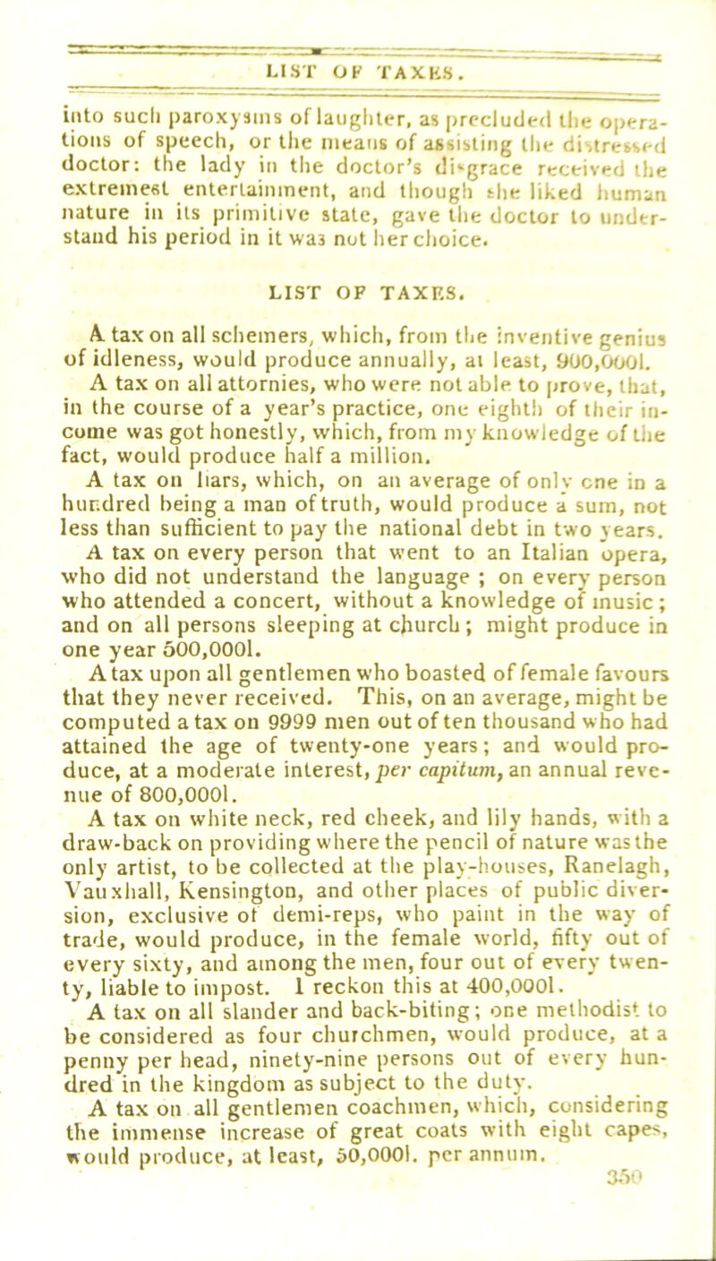 LIST OF TAXKS. iiito such paroxysms of laughter, as precluded the opera- tions of speech, or the means of assisting the distressed doctor: the lady in the doctor’s di'-grace received the extremest entertainment, and though the liked human nature in its primitive state, gave the doctor to under- stand his period in it was not her choice. LIST OP TAXKS. A. tax on all schemers, which, from the inventive genius of idleness, would produce annually, at least, 900,0001. A ta.x on all attornies, who were not able to prove, that, in the course of a year’s practice, one eighth of their in- come was got honestly, which, from my knowledge of the fact, would produce half a million, A tax on liars, which, on an average of onlv one in a hundred being a man of truth, would produce a sum, not less than sufficient to pay the national debt in two years. A tax on every person that went to an Italian opera, who did not understand the language ; on every person who attended a concert, without a knosvledge of music ; and on all persons sleeping at church ; might produce in one year 500,0001. A tax upon all gentlemen who boasted of female favours that they never received. This, on an average, might be computed a tax on 9999 men out of ten thousand who had attained the age of twenty-one years; and would pro- duce, at a moderate interest, pe?- capitum, an annual reve- nue of 800,0001. A tax on white neck, red cheek, and lily hands, with a draw-back on providing where the pencil of nature was the only artist, to be collected at the play-houses, Ranelagh, Vauxhall, Kensington, and other places of public diver- sion, exclusive of demi-reps, who paint in the way of trade, would produce, in the female world, fifty out of every sixty, and among the men, four out of every twen- ty, liable to impost. 1 reckon this at 400,0001. A tax on all slander and back-biting; one methodist to be considered as four churchmen, would produce, at a penny per head, ninety-nine persons out of every hun- dred in the kingdom as subject to the duty. A tax on all gentlemen coachmen, which, considering the immense increase of great coats with eight capes, w ould produce, at least, 50,0001. per annum.
