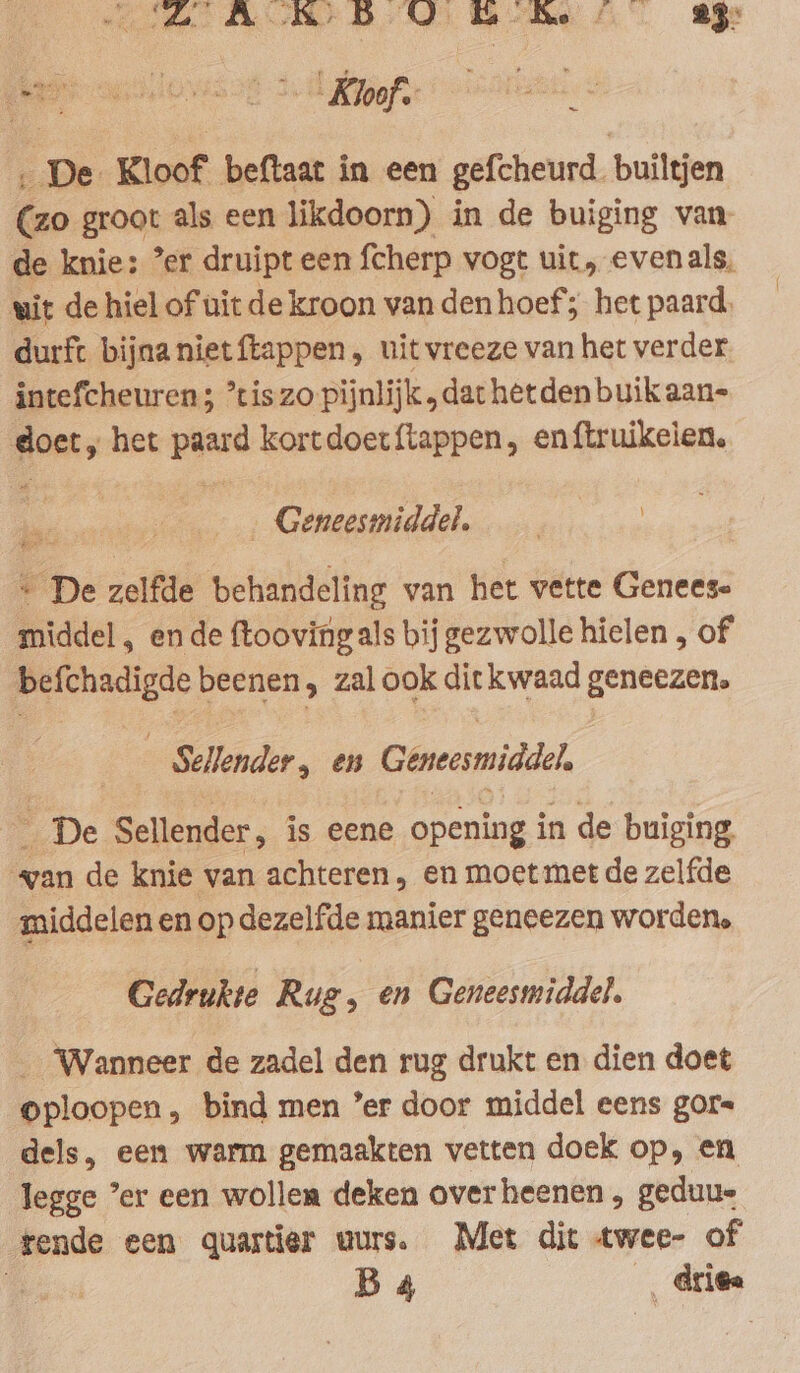 fe BB DO EK Ke 25 ~ ‚De Kloof beftaat in een gefcheurd. builtjen (zo groot als een likdoorn) in de buiging van. de knie: ’er druipt een fcherp vogt uit, evenals, wit de hiel of uit de kroon van den hoef; het paard, durft bijna niet ftappen, uit vreeze van het verder intefcheuren 3 ’tiszo pijnlijk „dat hetden buik aan- doet, het paard kortdoerftappen, enftruikeien. „ Geneesmiddel. * De zelfde behandeling van het vette Genees- middel , en de ftooving als bij gezwolle hielen , of ge beenen, zal ook ditkwaad geneezen. Slender, en Geneesmiddel, De Sellender, is eene opening in de buiging wan de knie van achteren , en moet met de zelfde middelen en op dezelfde manier geneezen worden, Gedrukte Rug, en Geneesmiddel. _ Wanneer de zadel den rug drukt en dien doet oploopen, bind men ’er door middel eens gors dels, een warm gemaakten vetten doek op, en legge ’er een wollen deken overheenen , geduu- rende een quartier uurs. Met dit twee- of | Ba _ driee