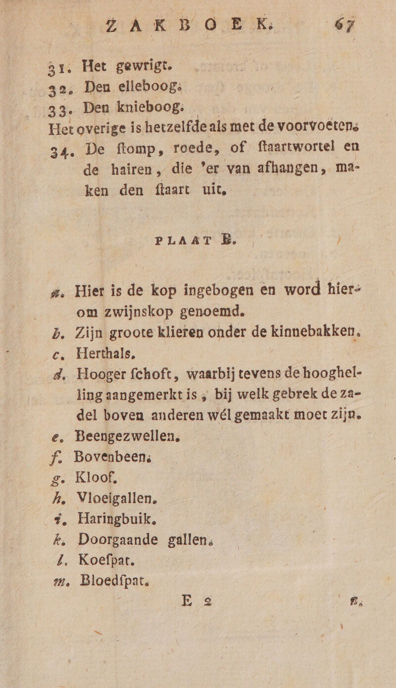 31. Het gewrigt. 32, Den elieboog. 33. Den knieboog: — Het overige is hetzelfde als met de voorvoétens 34. De ftomp, roede, of ftaartwortel en de hairen, die ’er van afhangen, ma- ken den ftaart uit, PLAAT B. #. Hier is de kop ingebogen en word hier- om zwijnskop genoemd. | b. Zijn groote klieren onder de kinnebakken. ec, Herthals, d. Hooger fchoft, waarbij tevens de hooghel- ling aangemerkt is „ bij welk gebrek de za- del boven anderen wél gemaakt moet zijn. Beengezwellen, Bovenbeen; Kloof, Vloeigallen, Haringbuik. Doorgaande gallen; ‚ Koefpat, Bloedipat. &amp; e Fan IK an ak: