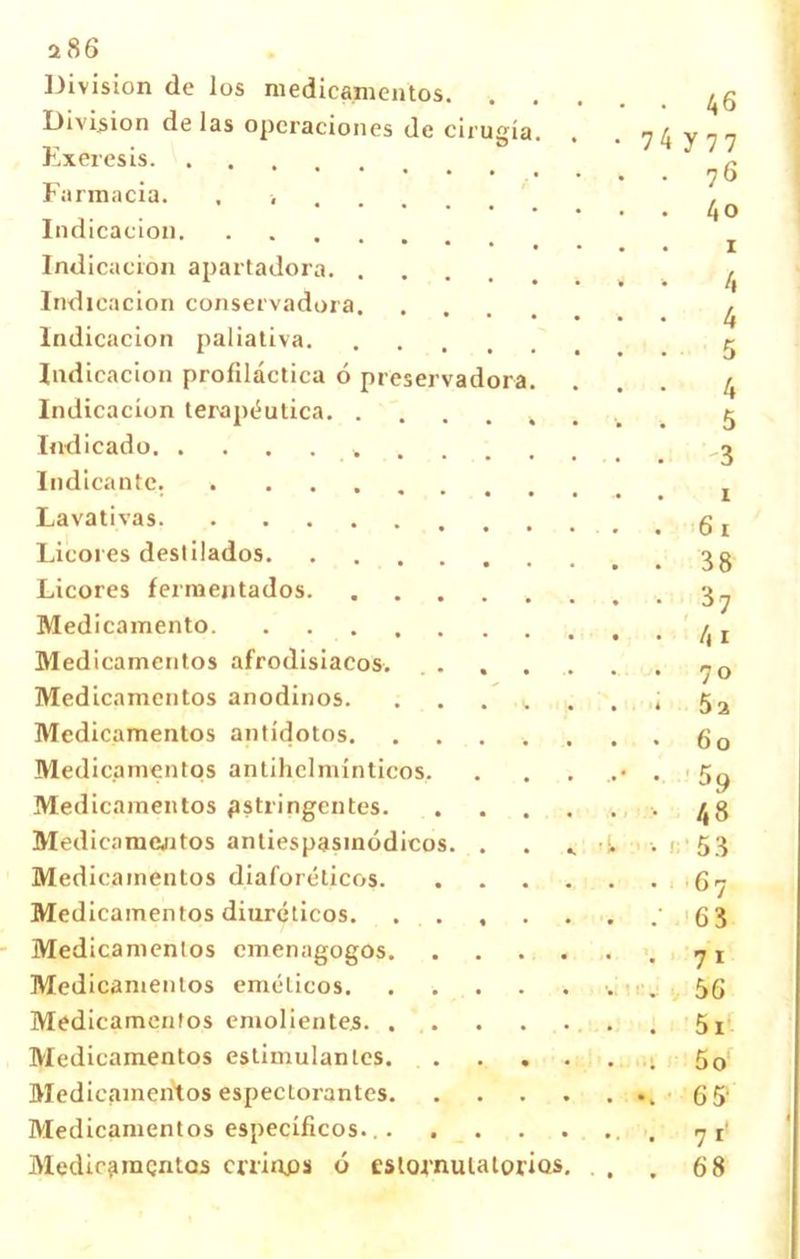 na ora 286 División de los medicamentos. División de las operaciones de ciru Exéresis Farmacia. . , Indicación. Indicación apartadora. Indicación conservadora Indicación paliativa. Indicación profiláctica ó preservad Indicación lerapéutic Indicado. . Indicante. Lavativas. Licores destilados. Licores ferraejitados Medicamento. Medicamentos afrodisiacos. Medicamentos anodinos. Medicamentos antídotos. Medicamentos antihelmínticos. Medicamentos astringentes. Medicnmcjitos antiespasmódicos. Medicamentos diaforéticos. Medicamentos diuréticos. Medicamentos cmenagogos. Medicamentos eméticos. Mídicamenfos emolientes. , Medicamentos estimulantes. Medicamentos espectorantes. Medicamentos específicos.,. Medic^ragntQs crrinjis ó cslornuiatorios 74 •Vi )í>