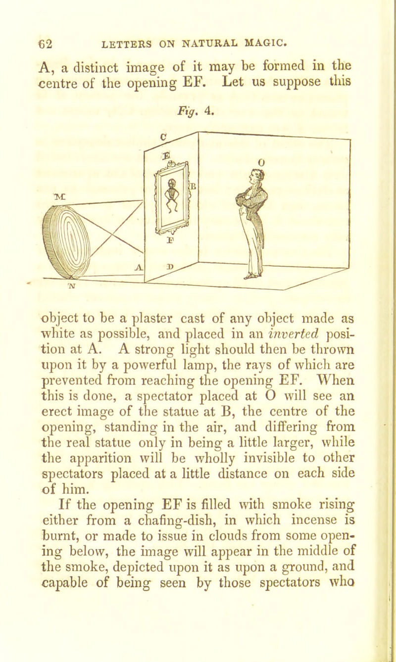 A, a distinct image of it may be formed in the centre of the opening EF. Let us suppose this Fig. 4. object to be a plaster cast of any object made as white as possible, and placed in an inverted posi- tion at A. A strong light should then be thrown upon it by a powerful lamp, the rays of which are prevented from reaching the opening EF. When this is done, a spectator placed at O will see an erect image of the statue at B, the centre of the opening, standing in the air, and differing from the real statue only in being a little larger, while the apparition will be wholly invisible to other spectators placed at a little distance on each side of him. If the opening EF is filled with smoke rising either from a chafing-dish, in which incense is burnt, or made to issue in clouds from some open- ing below, the image will appear in the middle of the smoke, depicted upon it as upon a ground, and capable of being seen by those spectators who