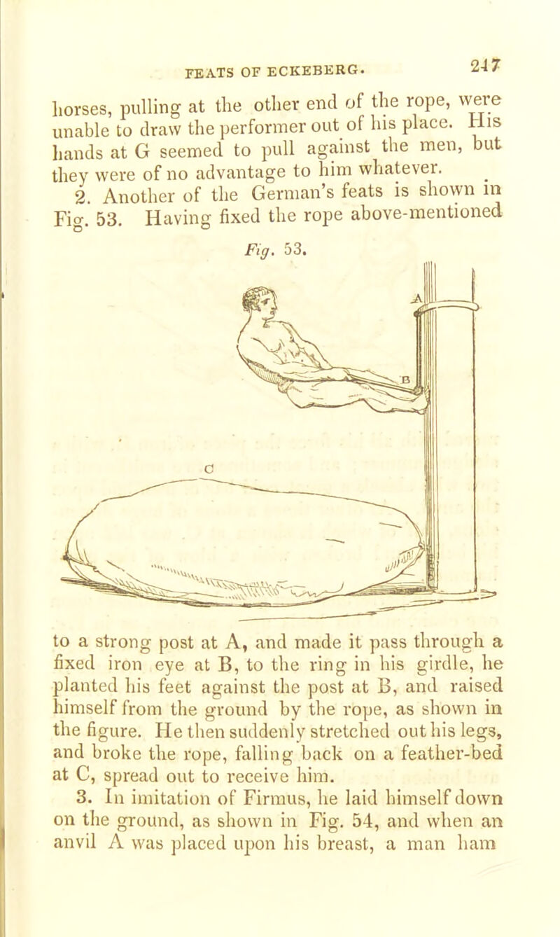 horses, pulling at the other end of the rope, were unable to draw the performer out of lus place. His hands at G seemed to pull against the men, but they were of no advantage to him whatever. 2. Another of the German's feats is shown in Ti^ 53. Having fixed the rope above-mentioned Fiff. 53. to a strong post at A, and made it pass through a fixed iron eye at B, to the ring in his girdle, he planted his feet against the post at B, and raised himself from the ground by the rope, as shown in the figure. He then suddenly stretched out his legs, and broke the rope, falling back on a feather-bed at C, spread out to receive him. 3. In imitation of Firraus, he laid himself down on the ground, as shown in Fig. 54, and when an anvil A was placed upon his breast, a man ham