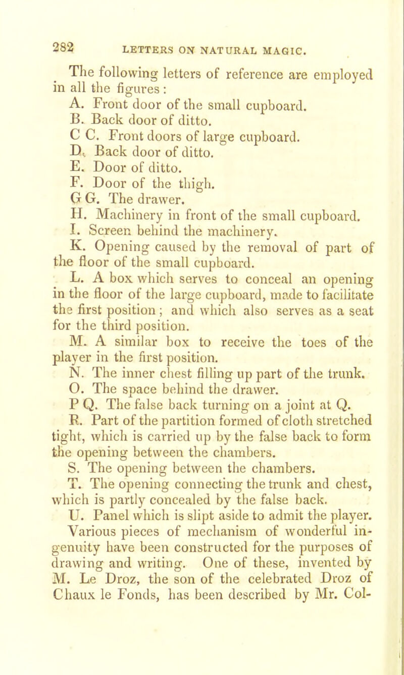 The following letters of reference are employed in all the figures : A. Front door of the small cupboard. B. Back door of ditto. C C. Front doors of large cupboard. Back door of ditto. E. Door of ditto. F. Door of the thigh. G G. The drawer. H. Machinery in front of the small cupboard. I. Screen behind the machinery. K. Opening caused by the removal of part of the floor of the small cupboard. L. A box which serves to conceal an opening in the floor of the large cupboard, made to facilitate tha first position; and which also serves as a seat for the third position. M. A similar box to receive the toes of the player in the first position. N. The inner chest filling up part of tlie trunk. O. The space behind the drawer. P Q. The false back turning on a joint at Q. R. Part of the partition formed of cloth stretched tight, which is carried up by the false back to form the opening between the chambers. S. The opening between the chambers. T. The opening connecting the trunk and chest, vi'hich is partly concealed by the false back. U. Panel which is slipt aside to admit the player. Various pieces of mechanism of wonderful in- genuity have been constructed for the purposes of drawing and writing. One of these, invented by M. Le Droz, the son of the celebrated Droz of Chaux le Fonds, has been described by Mr. Col-