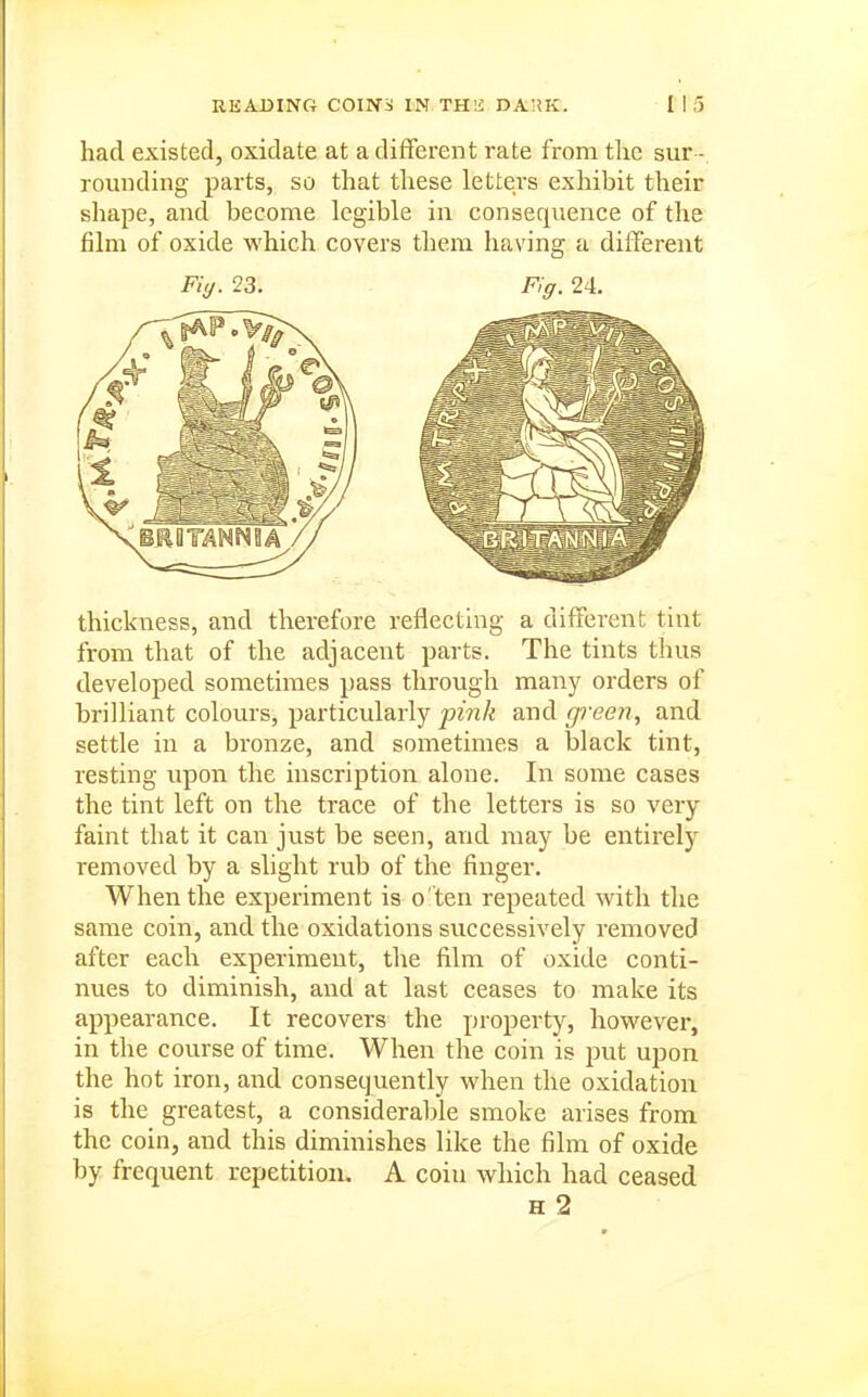 had existed, oxidate at a different rate from the sur - rounding parts, so that these letters exhibit their shape, and become legible in consequence of the film of oxide which covers them having a different Fiy. 23. Fig. 24. thickness, and therefore reflecting a different tiut from that of the adjacent parts. The tints thus developed sometimes pass through manjr orders of brilliant colours, particularly ^m/e and. green, and settle in a bronze, and sometimes a black tint, resting upon the inscription alone. In some cases the tint left on the trace of the letters is so very faint that it can just be seen, and may be entirely removed by a slight rub of the finger. When the experiment is o'ten repeated with the same coin, and the oxidations successively removed after each experiment, the film of oxide conti- nues to diminish, and at last ceases to make its appearance. It recovers the property, however, in the course of time. When the coin is put upon the hot iron, and consequently when the oxidation is the greatest, a considerable smoke arises from the coin, and this diminishes like the film of oxide by frequent repetition. A coin which had ceased H 2