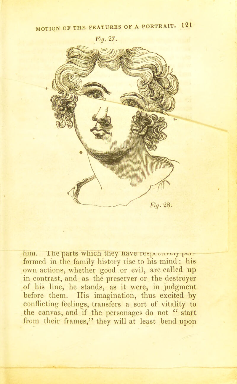 Fig. 27. hini. 1 he parts which they nave resijcv.iivv.ij ^^.i- foi mecl in the family history rise to liis mind: his own actions, whether good or evil, are called up in contrast, and as the preserver or the destroyer of his line, he stands, as it were, in judgment before them. His imagination, thus excited by conflicting feelings, transfers a sort of vitality to the canvas, and if the personages do not  start from their frames, they w ill at least bend upon