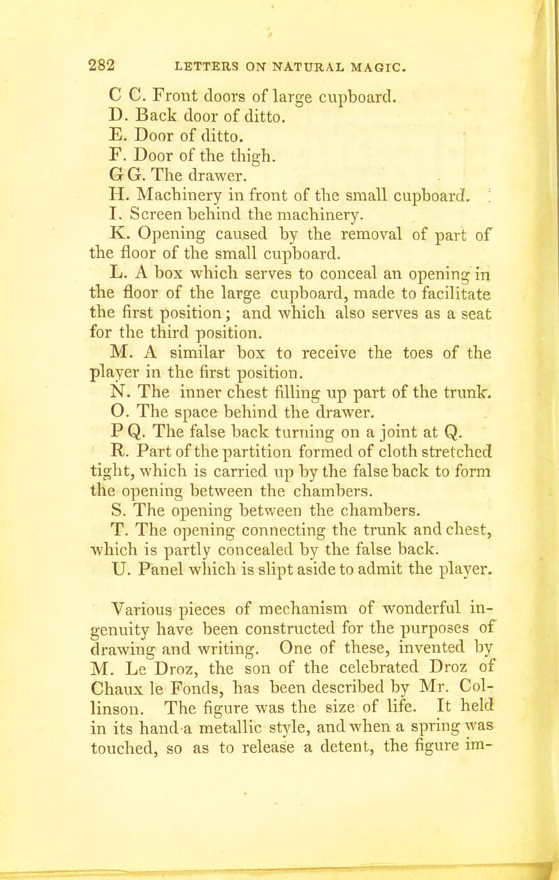 C C. Front doors of large cupboard. D. Back door of ditto. E. Door of ditto. F. Door of the thigh. GG. The drawer. H. Machinery in front of the small cupboard. I. Screen behind the machinery. K. Opening caused by the removal of part of the floor of the small cupboard. L. A box which serves to conceal an opening in the floor of the large cupboard, made to facilitate the first position; and which also serves as a seat for the third position. M. A similar box to receive the toes of the player in the first position. N. The inner chest filling tip part of the trunk. O. The space behind the drawer. P Q. The false back turning on a joint at Q. R. Part of the partition formed of cloth stretched tight, which is carried up by the false back to form the opening between the chambers. S. The opening between the chambers. T. The opening connecting the trunk and chest, which is partly concealed by the false back. U. Panel which is slipt aside to admit the player. Various pieces of mechanism of wonderful in- genuity have been constructed for the purposes of drawing and writing. One of these, invented by M. Le Droz, the son of the celebrated Droz of Chaux le Fonds, has been described by Mr. Col- linson. The figure was the size of life. It held in its hand a metallic style, and when a spring was touched, so as to release a detent, the figure im-