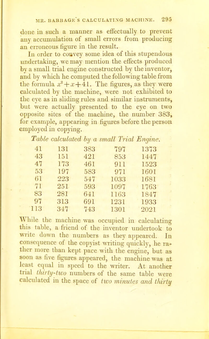 clone ill such a manner as effectually to prevent any accumulation of small errors from producing an erroneous figure in the result. In order to couvey some idea of this stupendous undertaking, we may mention the effects produced by a small trial engine constructed by the inventor, and by which he compvited the following table from the formula a'^ + a' + 4i. The figures, as they were calculated by the machine, were not exhibited to the eye as in sliding rules and similar instruments, but were actually presented to the eye on two opposite sites of the machine, the number 383, for example, appearing in figm^es before the person emijloyed in copying. Table calculated by a small Trial Engine. 41 131 383 797 1373 43 151 421 853 1447 47 173 461 911 1523 53 197 583 971 1601 61 223 547 1033 1681 71 251 593 1097 1763 83 281 641 1163 1847 97 313 691 1231 1933 113 347 743 1301 2021 While the machine was occupied in calculating this table, a friend of the inventor undertook to write down the numbers as they a]5peared. In consequence of the copyist witing quickly, he ra- ther more than kept pace with the engine, but as soon as five figures appeared, the machine was at least equal in speed to the writer. At another trial ihirty-two numbers of the same table were calculated in the space of two minutes and thirty