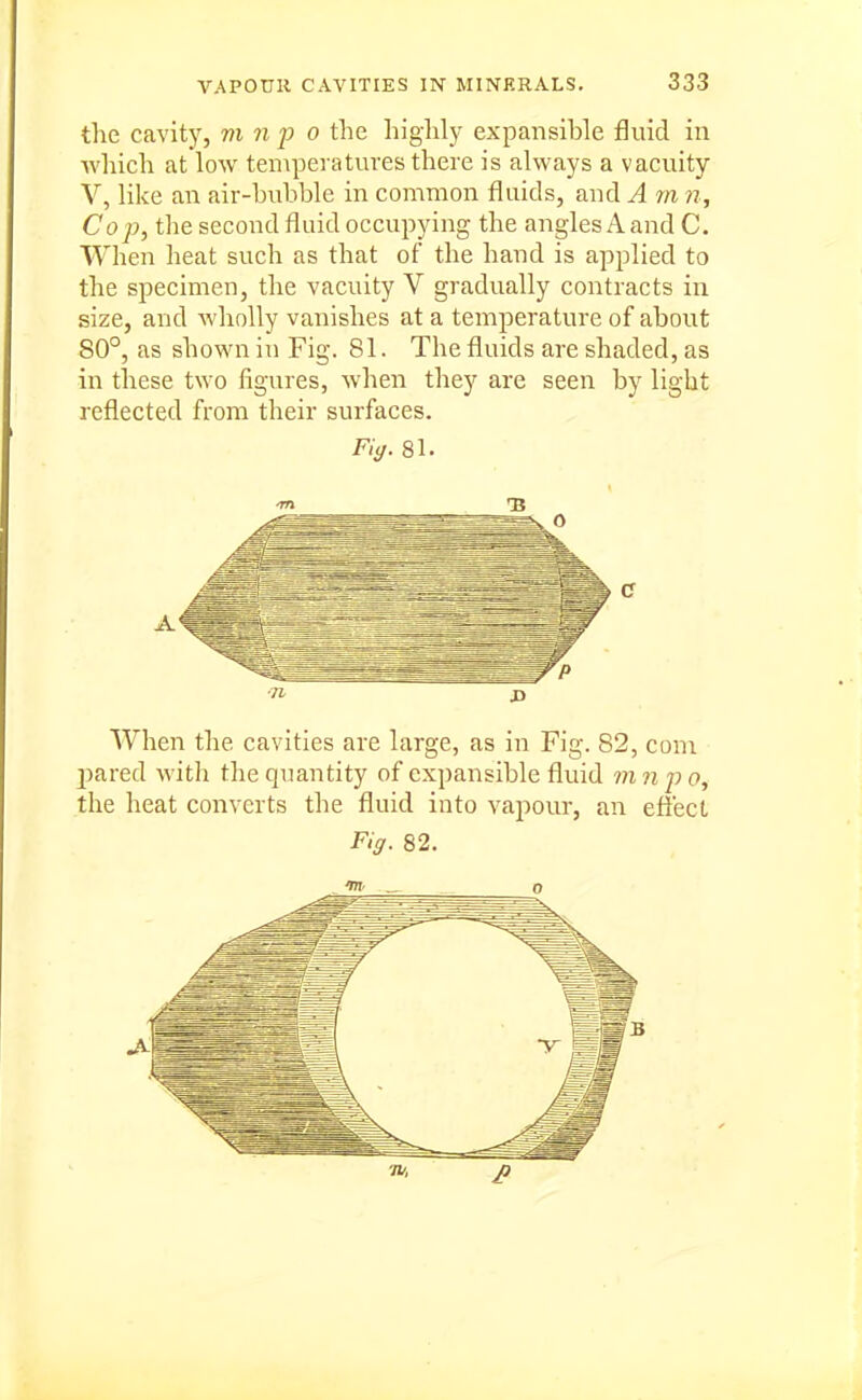 the cavity, m 7i p o the highl)^ expansible fluid in Avliich at low temperatures there is always a vacuity V, like an air-bubble in common fluids, and A m n. Co p, the second fluid occupying the angles A and C. When heat such as that of the hand is applied to the specimen, the vacuity V gradually contracts in size, and wholly vanishes at a temperature of about 80°, as shown in Fig. 81. The fluids are shaded, as in these two figures, when they are seen by light reflected from their surfaces. Fig. 81. ■n jj When the cavities are large, as in Fig. 82, com 25ared with the quantity of expansible fluid m ?i p o, the heat converts the fluid into vapour, an effect Fiff. 82. o