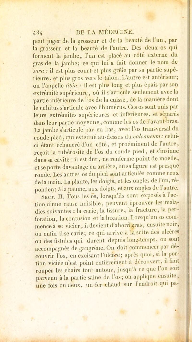 peut juger de la grosseur et de la beauté de l'un, par la grosseur et la beauté de l'autre. Des deux os qui forment la jambe, l'un est placé au côté externe du gras de la jambe; ce qui lui a fait donner le nom de sura : il est plus court et plus grêle par sa partie supé- rieure, et plus gros vers le talon..L'autre est antérieur; on l'appelle tibia : il est plus long et plus épais par son extrémité supérieure, où il s'articule seulement avec la partie inférieure de l'os de la cuisse, de la manière dont le cubitus s'articule avec l'humérus. Ces os sont unis par leurs extrémités supérieures et inférieures, et séparés dans leur partie moyenne, comme les os de l'avant-bras. La jambe, s'articule par en bas, avec l'os transversal du coude pied, qui est situé au-dessus du ca/caneum : celui- ci étant échancré d'un côté, et proéminent de l'autre, reçoit la tubérosilé de l'os du coude pied, et s'insinue dans sa cavité : il est dur, ne renferme point de moelle, et se porte davantage en arrière, où sa figure est presque ronde. Les autres os du pied sont articulés comme ceux de la main. La plante, les doigts, et les ongles de l'un, ré- pondent à la paume, aux doigts, et aux ongles de l'autre. Sect. IL Tous les ds, lorsqu'ils sont exposés à l'ac- tion d'une cause nuisible, peuvent éprouver les mala- dies suivantes : la carie, la fissure, la fracture, la per- foration, la contusion et laluxaliou. Lorsqu'un os com- mence à se vicier, il devient d'abord gras, ensuite noir, ou enfin Use carie; ce qui arrive à la suite des ulcères ou des fistules qui durent depuis long-temps, ou sont accompagnés de gangrène. On doit commencer par dé- couvrir l'os, eu excisant L'ulcère; après quoi, si la por- tion viciée n'est point entièrement à découvert, il faut couper les chairs tout autour, jusqu'à ce cpie Ton soit parvenu à la partie saine de l'os; on applique ensuite, une fois ou deux, un fer chaud sur l'endroit qui pa-