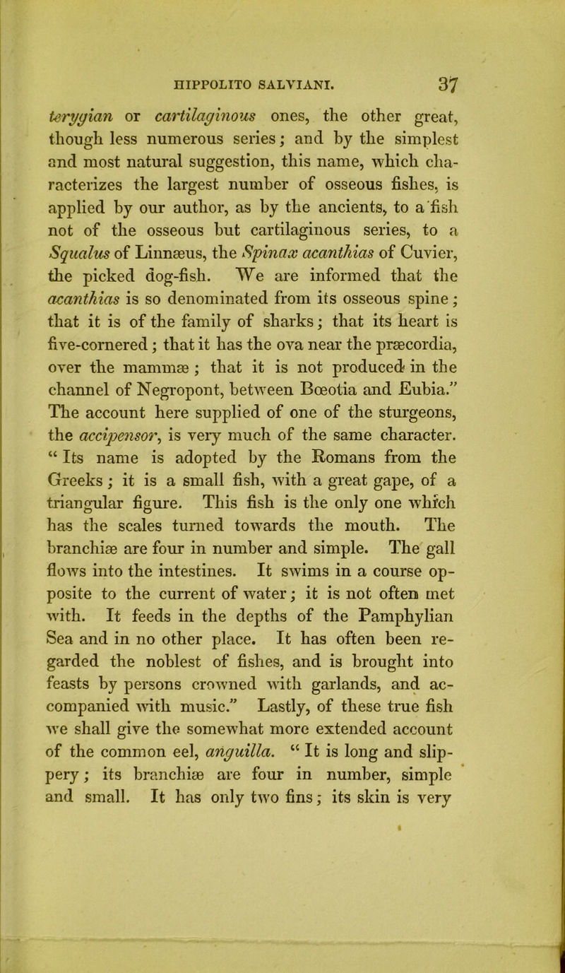 Urygian or cartilaginous ones, the other great, though less numerous series; and by the simplest and most natural suggestion, this name, which cha- racterizes the largest number of osseous fishes, is applied by our author, as by the ancients, to a'fish not of the osseous hut cartilaginous series, to a Squalus of Linnaeus, the Spinax acanthias of Cuvier, the picked dog-fish. We are informed that the acanthias is so denominated from its osseous spine; that it is of the family of sharks; that its heart is five-cornered; that it has the ova near the praecordia, over the mammas; that it is not produced in the channel of Negropont, between Boeotia and Eubia.” The account here supplied of one of the sturgeons, the accipensor, is very much of the same character. “ Its name is adopted by the Romans from the Greeks; it is a small fish, with a great gape, of a triangular figure. This fish is the only one which has the scales turned towards the mouth. The branchiae are four in number and simple. The gall flows into the intestines. It swims in a course op- posite to the current of water; it is not often met with. It feeds in the depths of the Pamphylian Sea and in no other place. It has often been re- garded the noblest of fishes, and is brought into feasts by persons crowned with garlands, and ac- companied with music.” Lastly, of these true fish we shall give the somewhat more extended account of the common eel, anguilla. “ It is long and slip- pery ; its branchiae are four in number, simple and small. It has only two fins; its skin is very