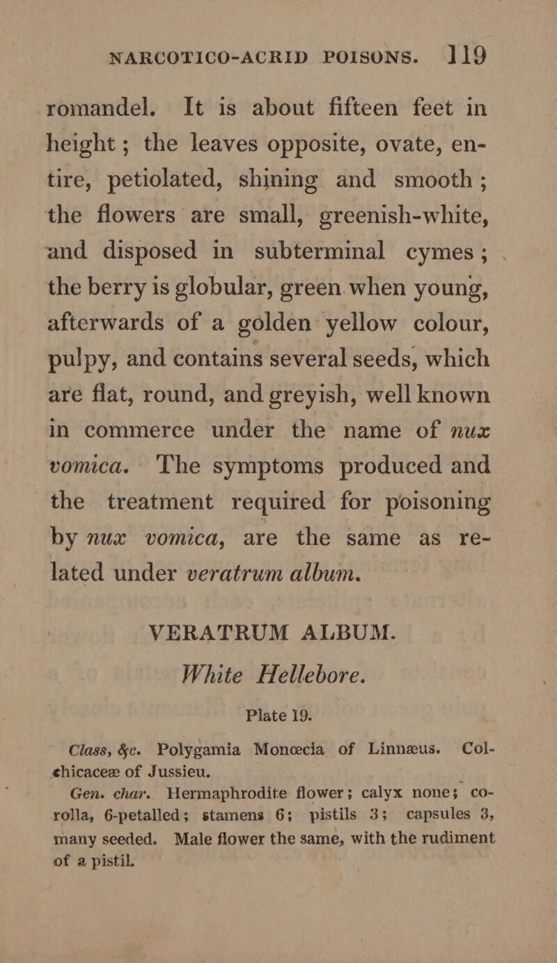 romandel. It is about fifteen feet in height ; the leaves opposite, ovate, en- tire, petiolated, shining and smooth; the flowers are small, greenish-white, and disposed in subterminal cymes ; the berry is globular, green. when young, afterwards of a golden yellow colour, pulpy, and contains several seeds, which are flat, round, and greyish, well known in commerce under the name of nux vomica. The symptoms produced and the treatment required for poisoning by nux vomica, are the same as re- lated under veratrum album. VERATRUM ALBUM. White Hellebore. Plate 19. Class, §c. Polygamia Monecia of Linneus. Col- chicaceze of Jussieu. ; Gen. char. Hermaphrodite flower; calyx none; co- rolla, 6-petalled; stamens 6; pistils 3; capsules 3, many seeded. Male flower the same, with the rudiment of a pistil.