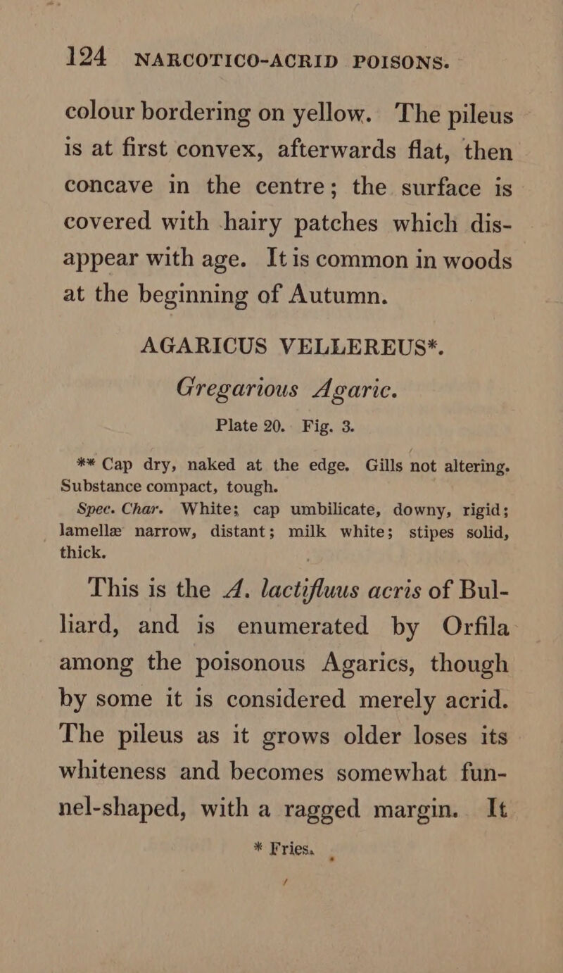 colour bordering on yellow. The pileus is at first convex, afterwards flat, then concave in the centre; the surface is covered with hairy patches which dis- appear with age. It is common in woods at the beginning of Autumn. AGARICUS VELLEREUS*. Gregarious Agaric. Plate 20. Fig. 3. ** Cap dry, naked at the edge. Gills not altering. Substance compact, tough. Spec. Char. White; cap umbilicate, downy, rigid; lamellz narrow, distant; milk white; stipes solid, thick. This is the 4. lactifluus acris of Bul- liard, and is enumerated by Orfila among the poisonous Agarics, though by some it is considered merely acrid. The pileus as it grows older loses its whiteness and becomes somewhat fun- nel-shaped, with a ragged margin. It * Fries, ; /