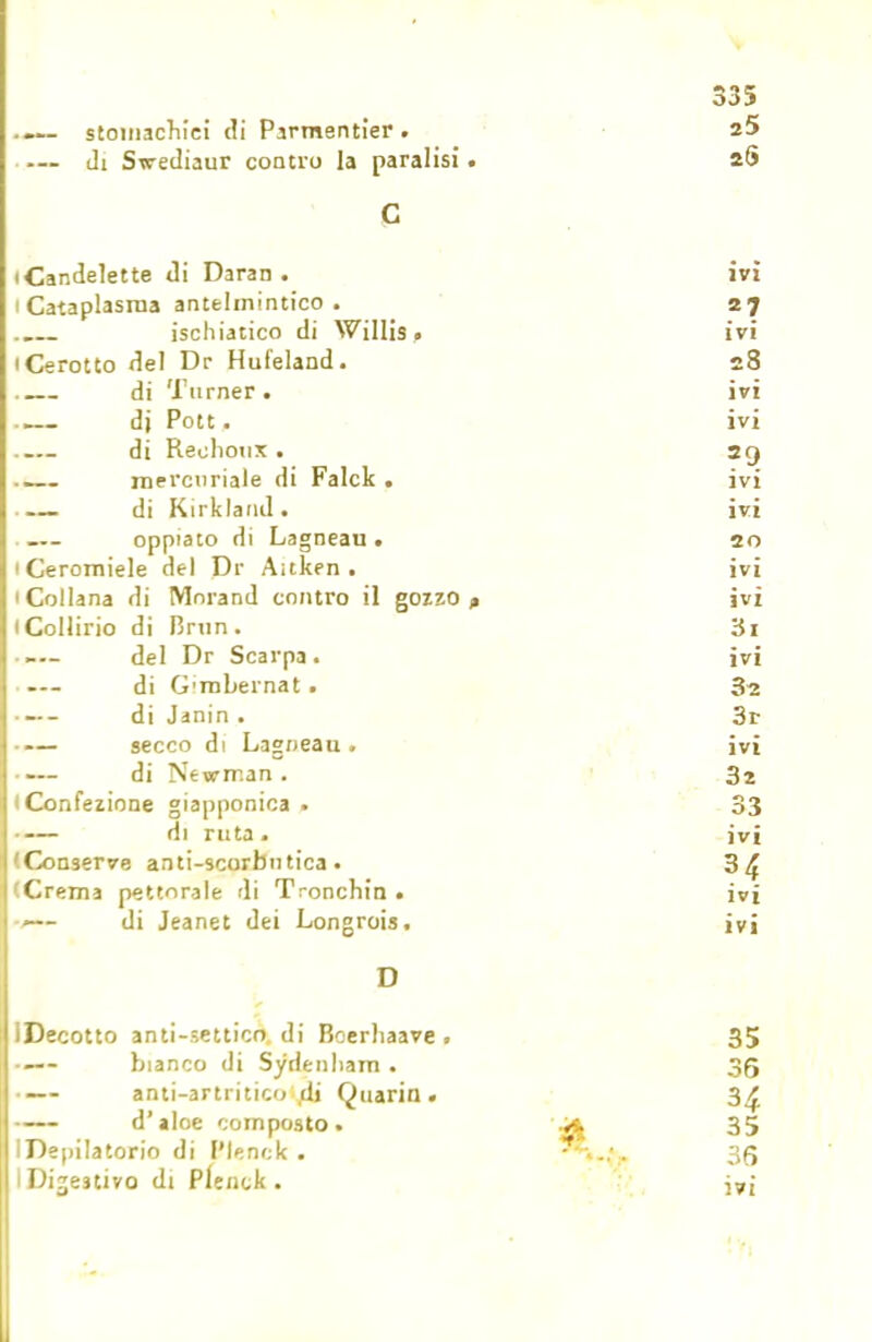 • — stomachici di Parmentier . 25 -— di Sxrediaur contro la paralisi. 28 C (Candelette di Daran . ivi 1 Cataplasma antelmintico . 27 ischiatico di Willis • ivi 'Cerotto del Dr Hufeland. 28 di 'f timer • ivi dj Pott. ivi di Reolioux. 29 .__ mercuriale di Falck . ivi di Kirkland. ivi — oppiato di Lagneau. 20 1 Ceromiele del Dr Aitken . ivi 'Collana di Morand contro il gozzo , ivi 'Collirio di Brun. 3i --- del Dr Scarpa. ivi — di Gimbernat. S-z di Jmin . 3r secco di Lagneau. ivi di Newrr.an. 32 'Confezione giapponica . 33 di ruta. ivi (Conserve anti-scorbntica • 34 'Crema pettorale di Tronchin. ivi —- di Jeanet dei Longrois. ivi D ìDecotto anti-settico di Bcerhaave . 35 bianco di Sydenliam . 35 aliti-artritico ,di Quarin. 3£ d'aloe composto. 35 IDepilatorio di Plenck . 35 'Digestivo di Piejick . j»;