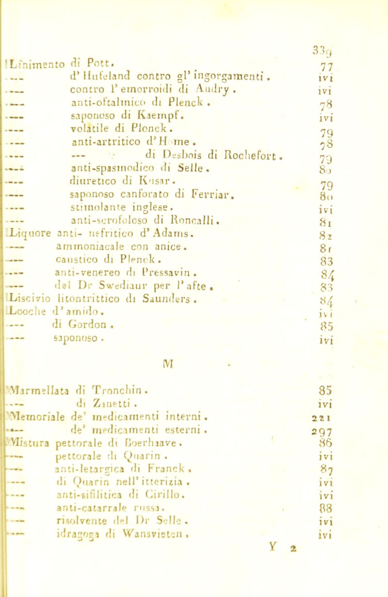 33g 'Linimento di Pott. 77 J'Unti!land contro gl'ingorgamenti. ivi contro l'emorroidi di A.udrjr. ivi auti-oftalmico di Plenck . 78 .— saponoso di Kaempf. lv\ volatile di Plcnck. anti-artritico d'H me. /-^ — di Drsbnis di Rochefort. 79 —- anti-spasmodico di Selle. So diuretico di Kusar. saponoso cantorato di Ferriar. 8,, stimolante inglese. iv; anti-scrofoloso di Roncalli. fci Liquore anti- nefritico d'Ada tris. g2 ammoniacale con anice. gr — caustico di Plenck. 33 • -« anti-venereo di l'ressavin . del Dr Swcdiaur per l'afte. 33 ^Liscivio litontrittico di Saunders . LLooche d'amido. jvj di Gordon . 35 saponoso. ivi M Marmellata di Troncliin. 85 di Zinetti . ivi Memoriale de' m-dicarnenti interni. 221 de' nif-dicimenti esterni . 2g7 PVIistura pettorale di Doerluave. 86 r-~ pettorale di Quarin . ivi \— anti-letargica di Franck . 87 1 —- di Quarin nell'itterizia. ivi k— anti-sifilitica di Cirillo. ivi |- — anti-catarrale russa. . 83 1 -— risolvente d<-l Dr Selle. ivi \— idragoga riì VCansviet'-ii. ivi