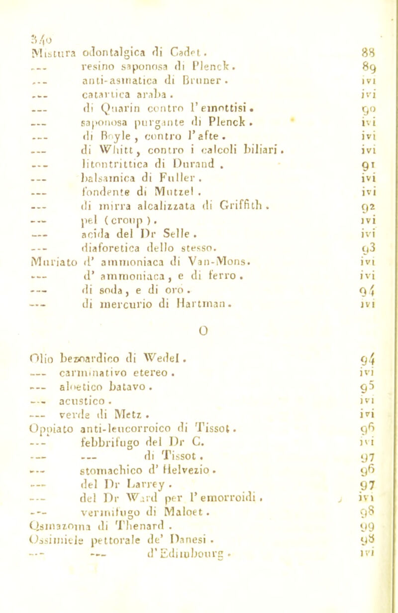 Mistura odontalgica di Cadi . resino saponosa di Pl»nck. aoti-asmatica di Bruner. ... catartica araba . di Quarin contro l'emottisi. — saponosa purgante di Plenck . — di Btyle, contro l'afte. — di Whitt, contro i calcoli biliari. — litnntrittica di Dnrand . — balsamica di Fuller. — fondente di Mnuel . — di mirra alcalizzata di Griffith . — pel ( croup ). — acida del I)r Selle . — diaforetica dello stesso. Muriato il' ammoniaca di Van-Mons. — d' ammoniaca, e di ferro. — di soda , e di oro . — di mercurio di Hartman. O Olio bernardino di Wedel. — carminativo etereo . — aloetico batavo. -•- acustico. — verde di Metz . Oppiato anti-leucorroico di Tissol. febbrifugo del Dr C. di Tissot. — stomachico d1 Helvezio • del Dr Larrey . del Dr W.sd per l'emorroidi. --- vermifugo di Maloet. Qsm3ioma ili Tlienard . Ossimiele pettorale de' Danesi . — -— d'Lùluubourg •
