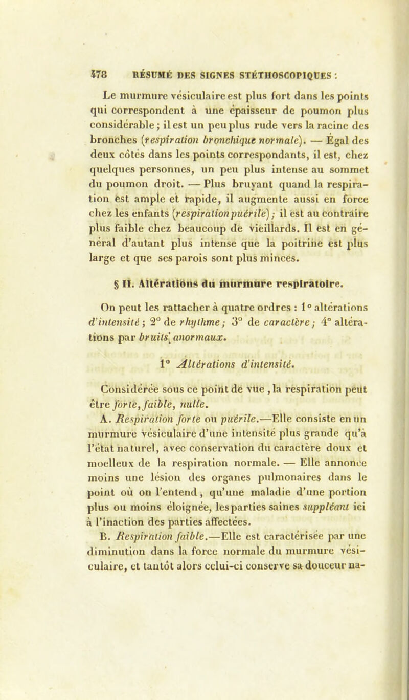 Le murmure vcsiculaireest plus fort dans les points qui correspondent à une épaisseur de poumon plus considérable; il est un peu plus rude vers la racine des bronches [respiration bronchique normale). — Egal des deux côtés dans les points correspondants, il est, chez quelques personnes, un peu plus intense au sommet du poumon droit. — Plus bruyant quand la respira- tion est ample et rapide, il augmente aussi en force chez les enfants [respirationpuérile) ; il est au contraire plus faible chez beaucoup de vièillards. Il est en gé- néral d'autant plus intense que la poitrine est plus large et que ses parois sont plus minces. § II. Allérailéns du murmure respiratoire. On peut les rattacher à quatre ordres : 1° altérations d'intensité ; 2 de rhythme; 3° de caractère; 4° altéra- tions par bruits] anormaux. i° Altérations d'intensité. Considérée sous ce poiiit dé VUe ,1a respiration peut être forte, faible, nulle. A. Respiration forte ou puérile.—Elle consiste en un murmure Vésiculairc d'une intensité plus grande qu'à l'état naturel, avec conservation du caractère doux et moelleux de la respiration normale. — Elle annonce moins une lésion des organes pulmonaires dans le point où on l'entend, qu'une maladie d'une portion plus ou moins éloignée, les parties saines suppléant ici à l'inaction des parties affectées. B. Respiration faible.—Elle est caractérisée par une diminution dans la force normale du murmure vesi- tulaire, cl laiitôl alors celui-ci conserve sa douceur na-