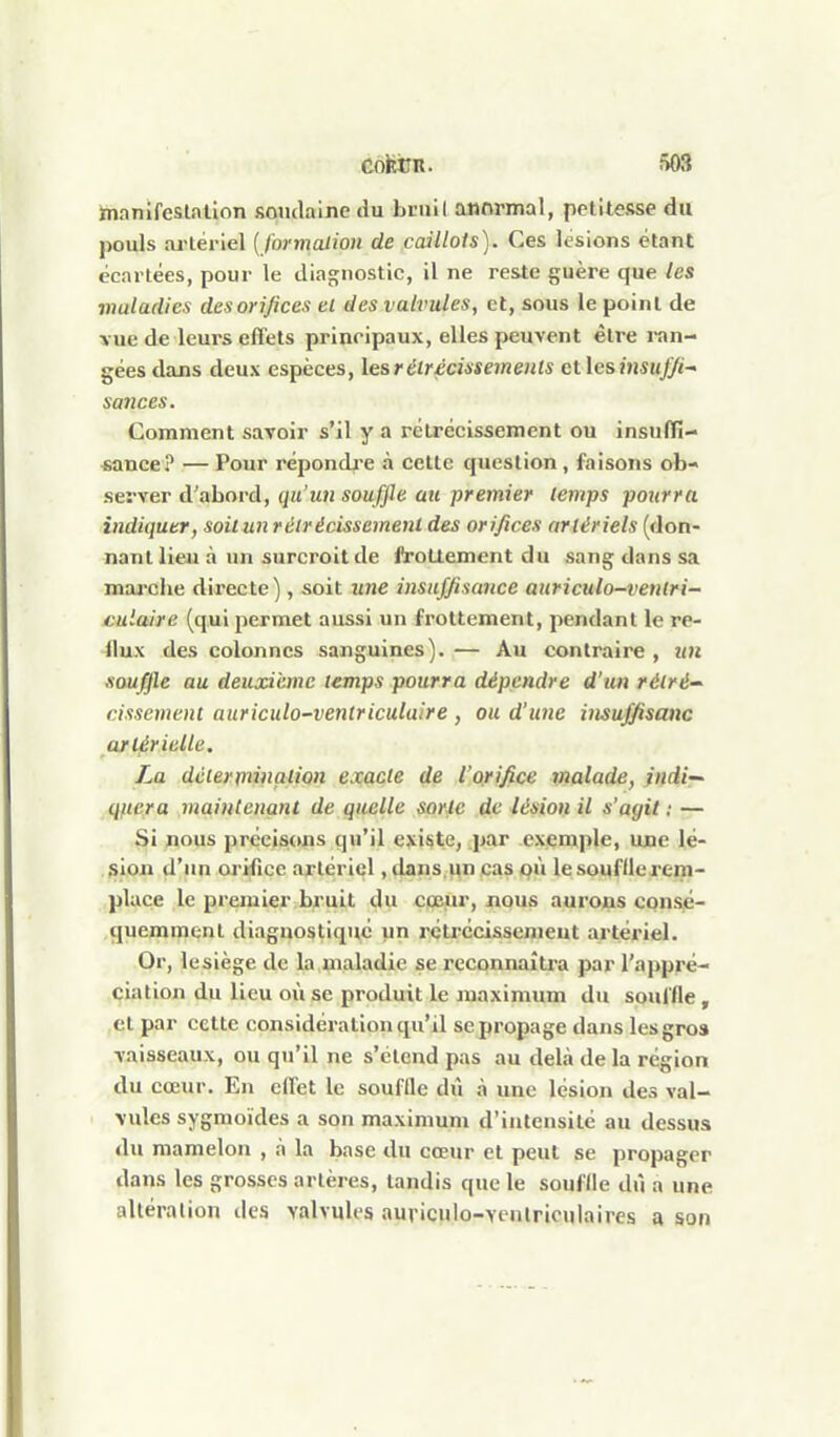 hianifeslalion spiulaine du bruit anormal, petUesse du pouls ai'tériel [formalion de caillots). Ces lésions étant écai-tées, pour le diagnostic, il ne reste guère que les vmladies desorifices el des valvules, et, sous le point de vue de leurs effets principaux, elles peuvent être i-an- géesdans deux espèces, lesrélrécissements etlesinsujfi sances. Comment savoir s'il y a rétrécissement ou insuffi- sance? — Pour répondi'e à cette question, faisons ob- server d'abord, qu'un souffle au premier temps pourra indiquer, soit un rétrécissement des orifices artériels (don- nant lieu à un surcroit de froUement du sang dans sa mai'che directe), soit une insuffisance auricuto-venlri- culaire (qui permet aussi un frottement, pendant le re- ilux des colonnes sanguines). — Au contraire , un sauffie au deuxième temps pourra dépendre d'un rétré- cissement auriculo-ventriculaire , ou d'une insuffisanc artérielle, La détermination exacte de l'orifice malade, indi- quer^ maintenant de quelle sorlc de lésion il s'agit ; — Si nous précisons qu'il existe, par exemple, une lé- sion d'an orifice artériel, dans.i^n cas qii le souffle rem- place le premier bruit du çioeur, nous aurojas con&é- quemmQnt diagnostique un réti-ccissenieut artériel. Or, le siège de la maladie se reconnaîtra par l'appré- ciation du lieu où se produit le maximum du souffle, et par cette considération qu'il se propage dans les gros vaisseaux, ou qu'il ne s'étend pas au delà de la région du cœur. En effet le souflle dû à une lésion des val- vules sygmoïdes a son maximum d'intensité au dessus du mamelon , à la base du cœur et peut se propager dans les grosses artères, tandis que le souffle dû a une altération des valvules auriculo-venlrioulaires a son