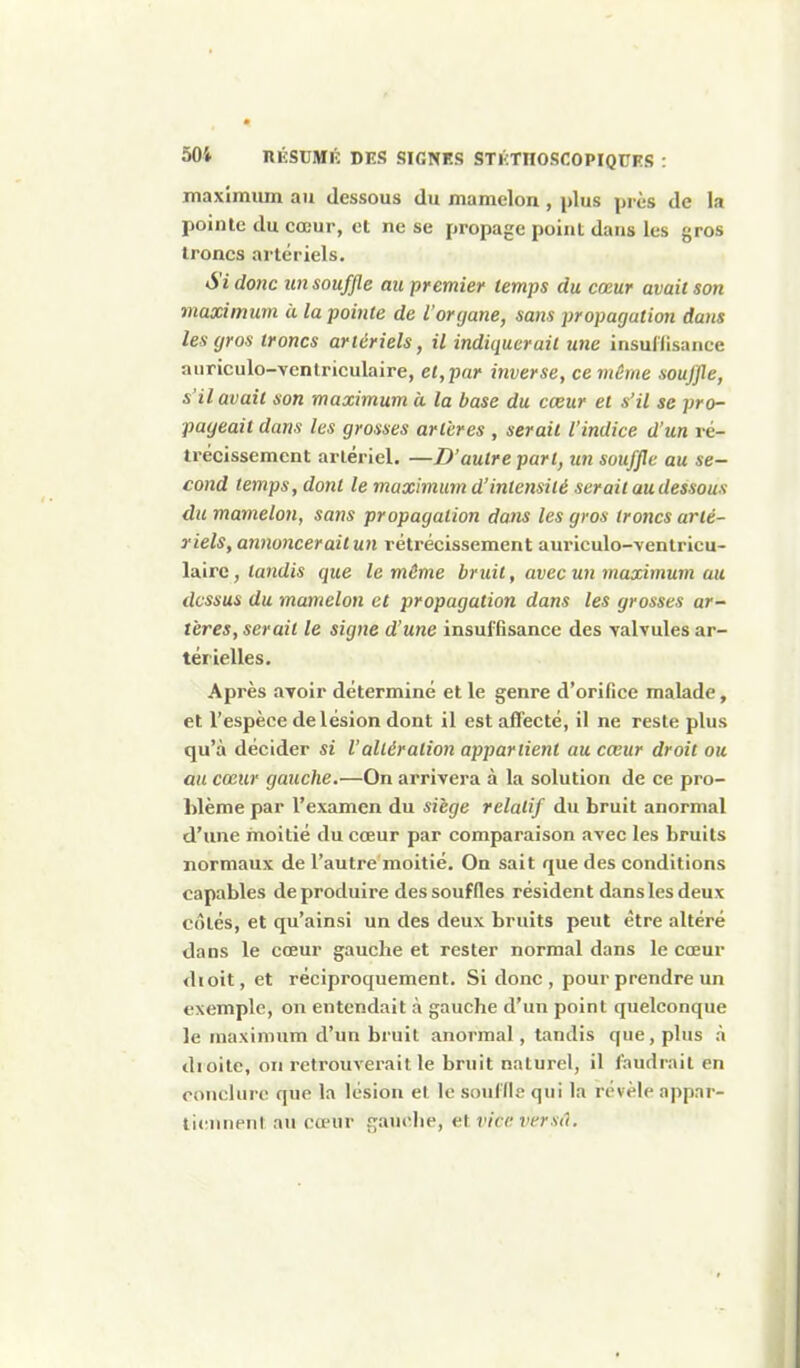 maximum au dessous du mamelon , plus près de la pointe du cœur, et ne se propage point dans les gros troncs artériels. Si donc un souffle au premier temps du cœur avait son maximum à la pointe de l'organe, sans propagation dans les gros troncs artériels, il indiquerait une insuliisance auriculo-yentriculaire, et,par inverse, ce même souffle, s'il avait son maximum à la base du cœur et s'il se pro- pageait dans les grosses artères , serait l'indice d'un ré- trécissement artériel. —D'autre part, un souffle au se- cond temps, dont le maximum d'intensité serait au dessous du mamelon, sans propagation dans les gros troncs arté- riels, annoncerailun rétrécissement auriculo-ventricu- lairc, tandis que le même bruit, avec un maximum au dessus du mamelon et propagation dans les grosses ar- tères, serait le signe d'une insuffisance des TalTules ar- térielles. Après avoir déterminé et le genre d'orifice malade, et l'espèce de lésion dont il est affecté, il ne reste plus qu'à décider si Valtération appartient au cœur droit ou au cœur gauche.—On arrivera à la solution de ce pro- blème par l'examen du siège relatif du bruit anormal d'une moitié du cœur par comparaison avec les bruits normaux de l'autre moitié. On sait que des conditions capables de produire des souffles résident dans les deux côtés, et qu'ainsi un des deux bruits peut être altéré dans le cœur gauche et rester normal dans le cœur dioit, et réciproquement. Si donc, pour prendre un exemple, on entendait à gauche d'un point quelconque le maximum d'un bruit anormal, tandis que, plus à droite, on retrouverait le bruit naturel, il faudrait en conclure que la lésion el le souffle qui la révèle appnr- tit^menl au cœur gauche, et vice versû.